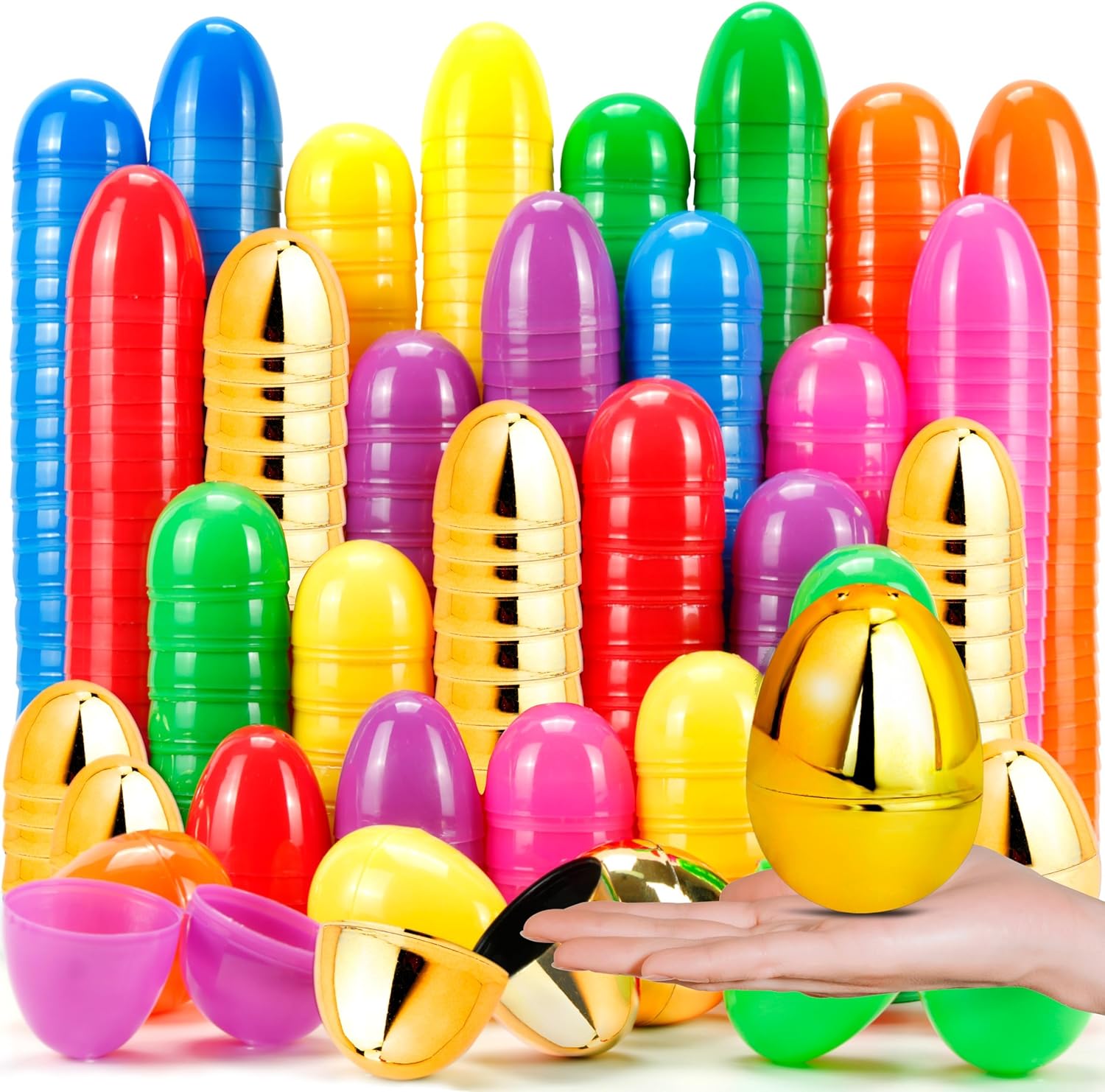 160Pcs Easter Eggs, 2.3" Fillable Colorful Mix Gold Plastic Easter Eggs Empty for Easter Hunt, Easter Basket Stuffers, Party Favor, Classroom Prize Supplies (160-Pack) Thumbnail