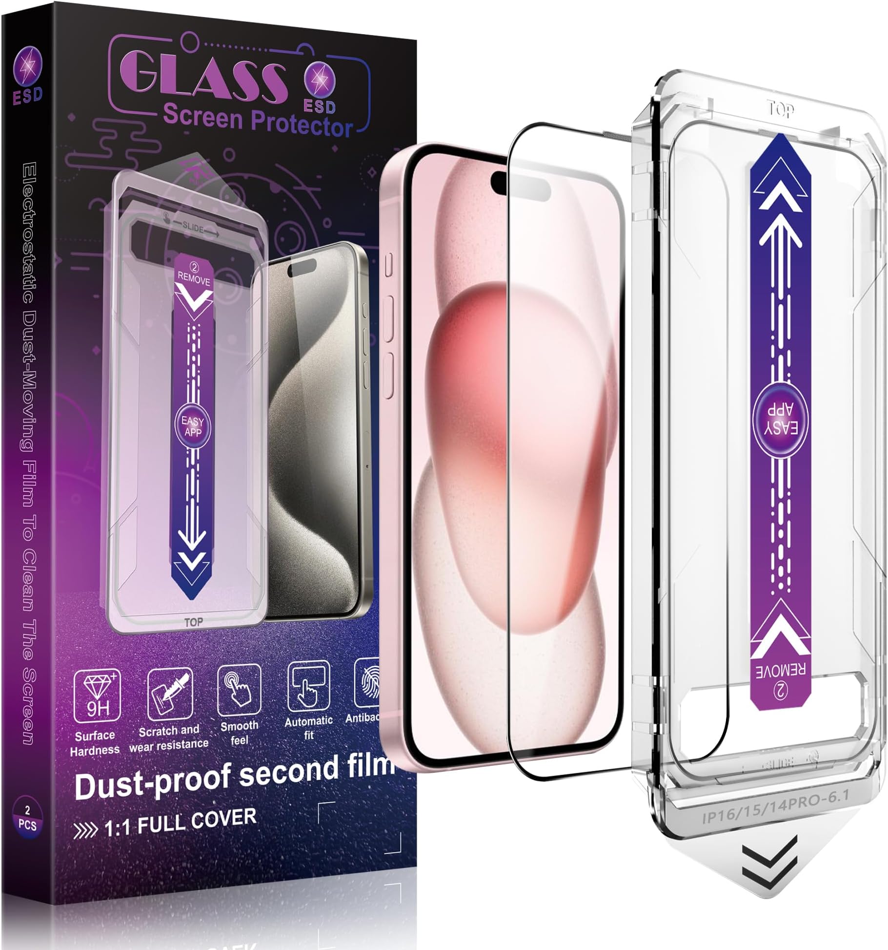 2 Pack Screen Protector Tempered Glass for iPhone 16 for iPhone 15 for iPhone 14 Pro 6.1-Inch Auto Dust Removal, No Bubbles, High Definition Clear, Easy Installation