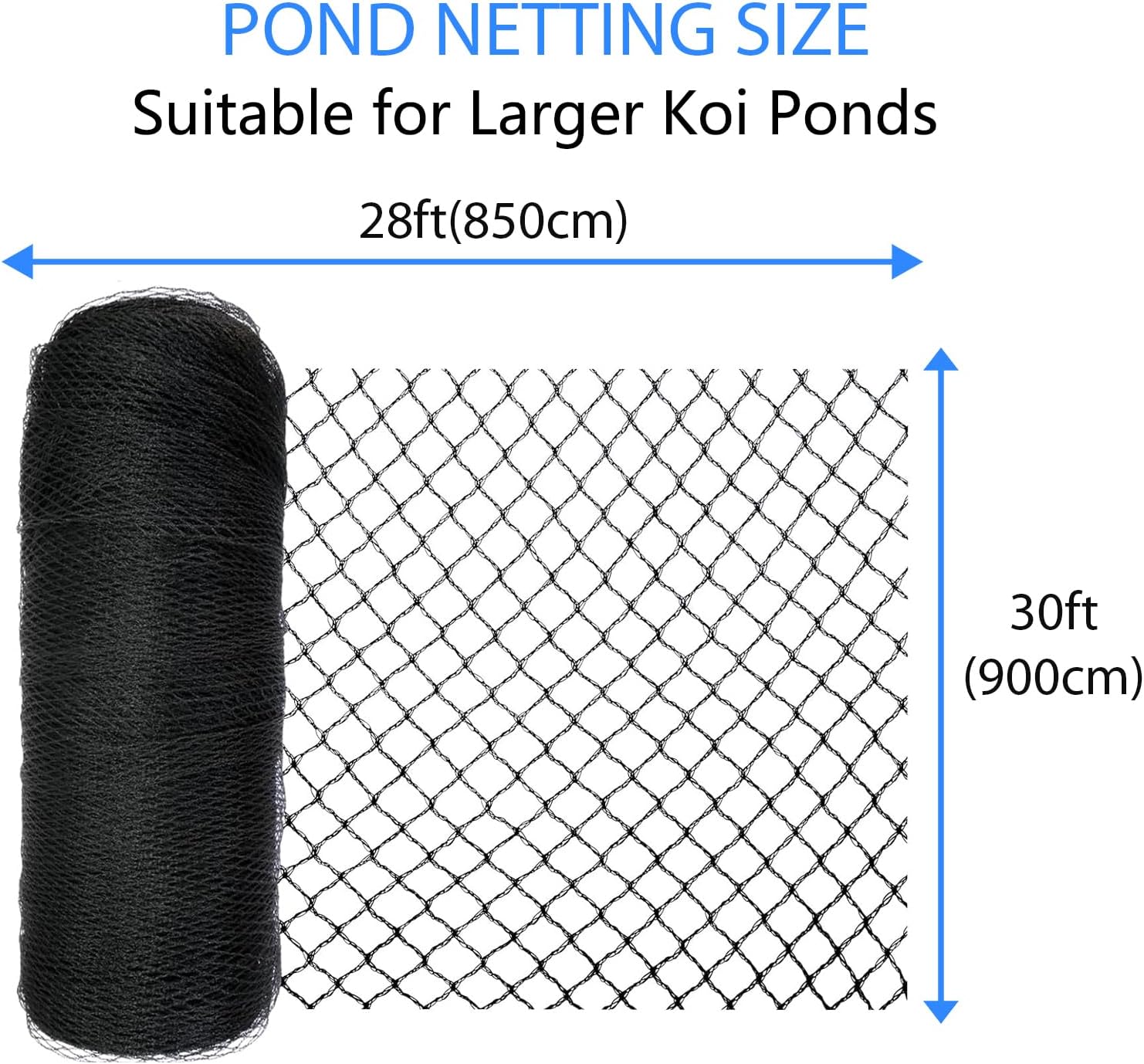 Koi Pond Netting Kit 28 x 30 FT, 3/8" Heavy Duty Woven Mesh Pond Net Cover for Leaves with 12 Stakes, HDPE Pool Netting Protecting Fish from Herons Birds Cats, Black