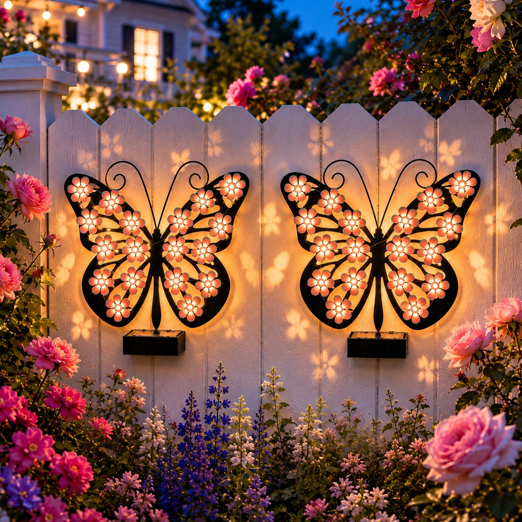 Solar Butterfly Wall Lights Outdoor, Solar Lights Outdoor Metal Butterfly Wall Decor with Sparkling Light-Up Wings, Waterproof LED Butterfly Garden Light for Fences, Walls, Patios, Porches (Pink*2)