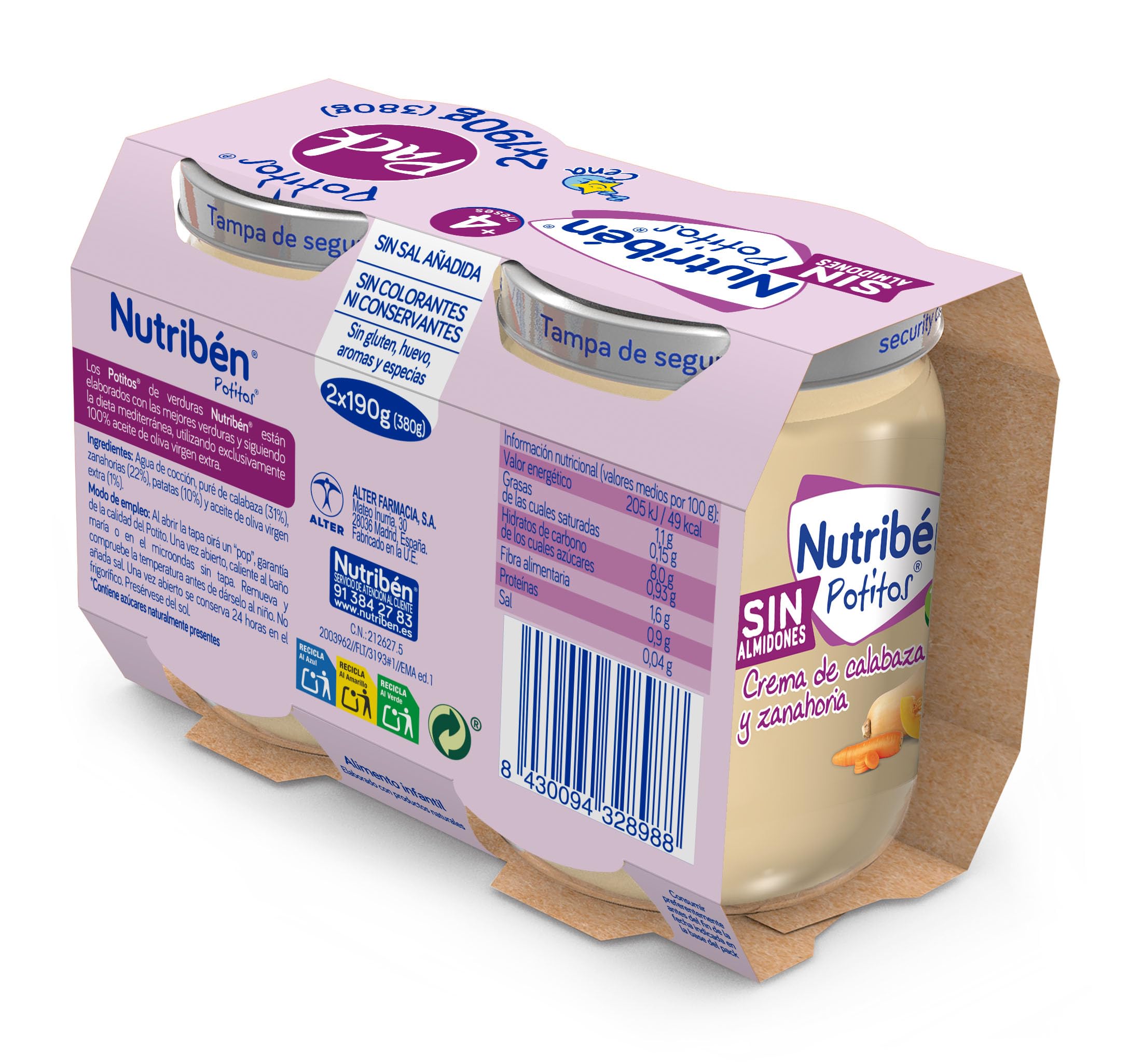 Nutribén Potitos Crema de Calabaza y Zanahoria 190g Pack 2 Unidades Sin Gluten Sin Huevo