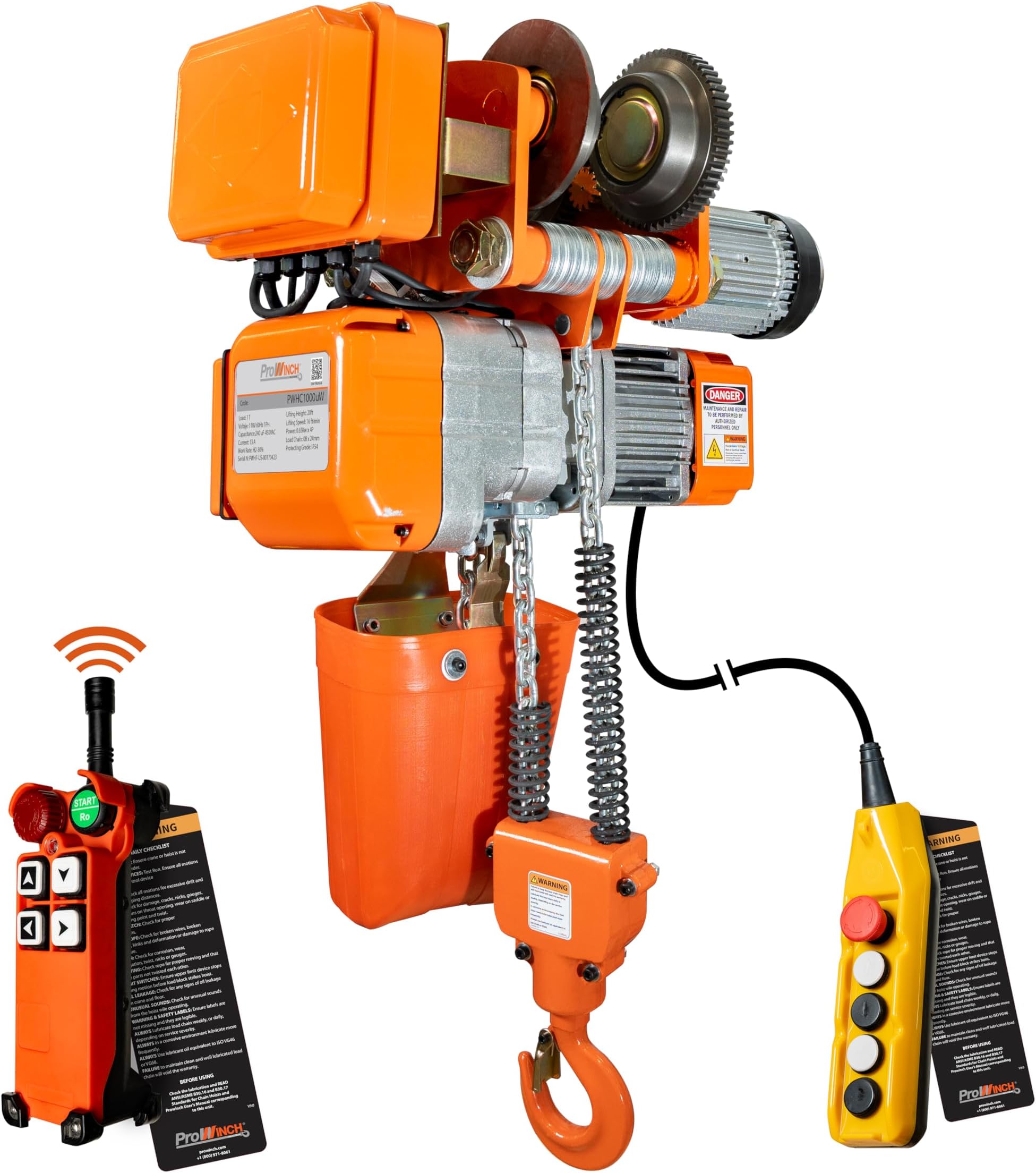 Prowinch 1 ton 2200 lb 110V 1 Speed Electric Chain Hoist Power Trolley 20 ft. G80 Chain H2 Duty Wireless