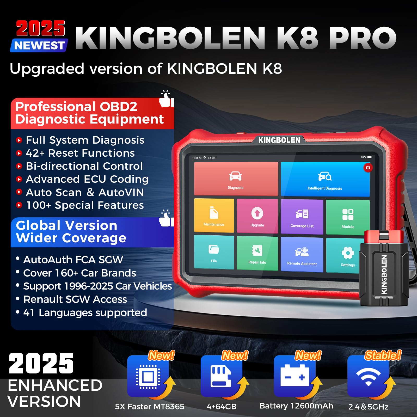 KINGBOLEN K8 PRO Narzędzie diagnostyczne OBD2 dla wszystkich pojazdów, dwukierunkowe narzędzie diagnostyczne samochodu z diagnostyką wszystkich systemów, 42+ reset serwisowy, aktywny test, kodowanie