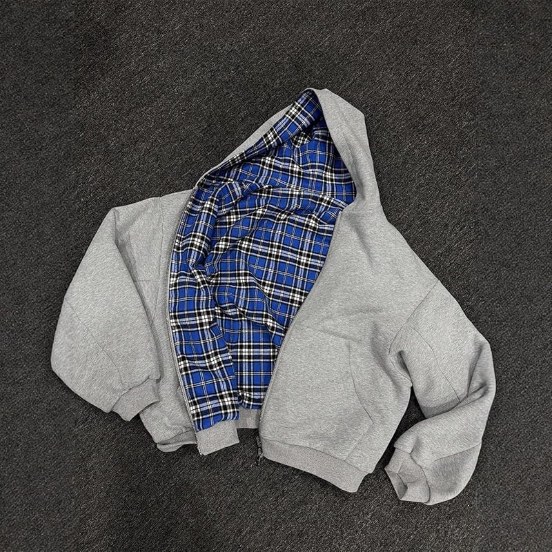 HOHOPEACH Y2k Grunge Plaid Zip Up Hoodie Men Women Reversible Oversized Emo 2000s Graphic Hoodie Fall Baggy Sweatshirts Grey image 3