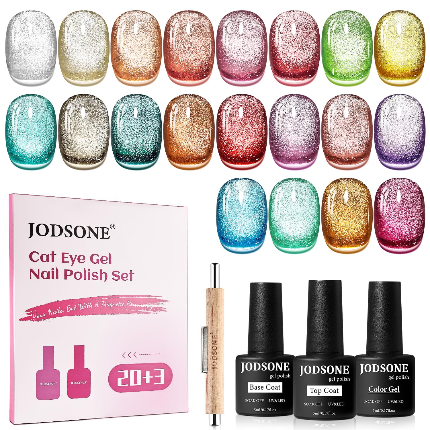 JODSONE 23 PCS Cat Eye Gel Nail Polish Set with Base Coat and Top Coat at Home for Women Nail Art all Seasons