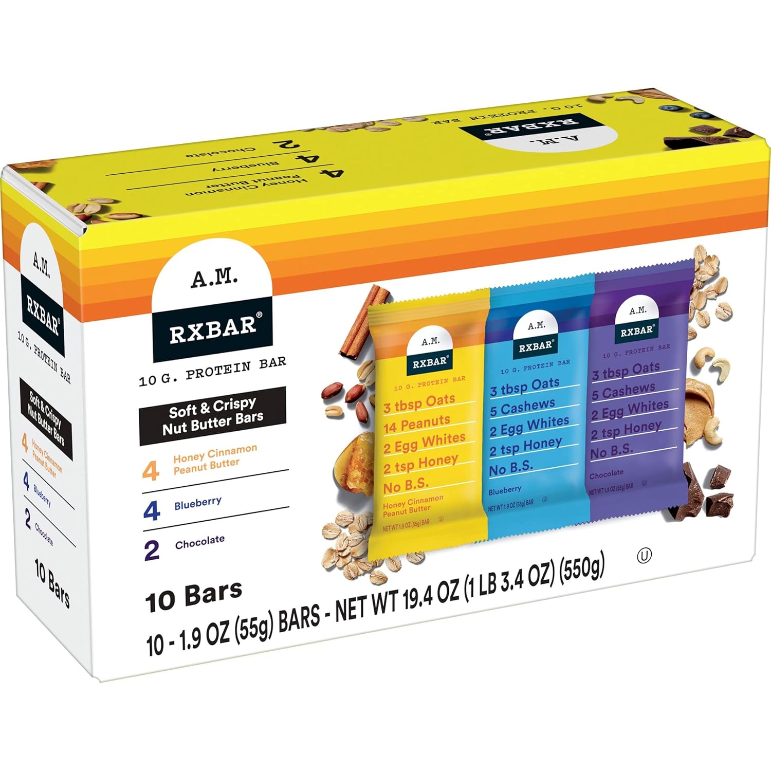 RXBAR A.M. Protein Bars, Breakfast Snacks, Gluten Free, Variety Pack, 19.4oz Box (10