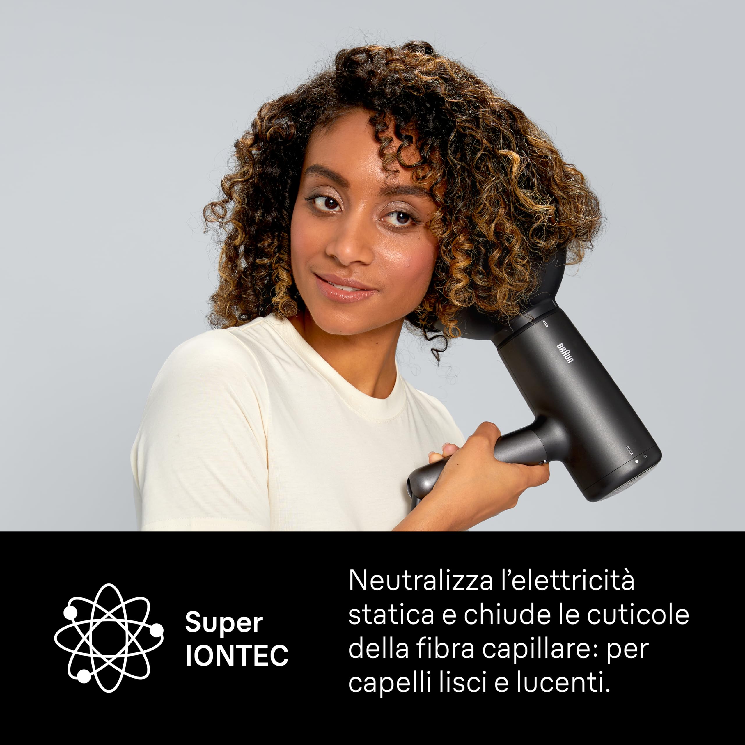 Asciugacapelli Braun HD4.2, alte prestazioni, diffusore e concentratore, Super IONTEC, motore HTDC 2100W, 3 temperature e 3 velocità, Satin Black metallizzato, protezione, risultati ottimali, BRHD425E