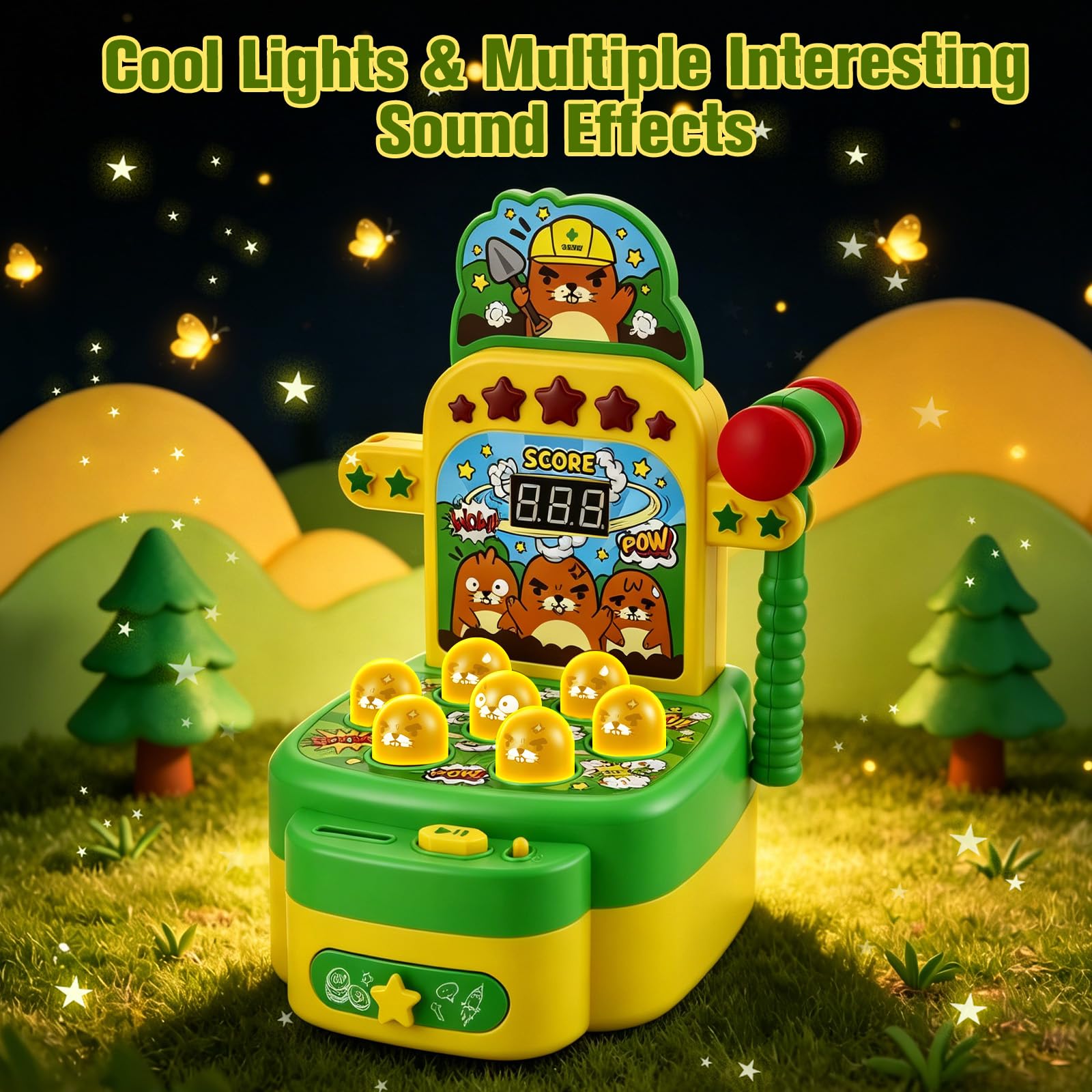 Gioco Colpisci la talpa per bambini Giocattolo musicale interattivo con 2 martelli per promuovere le capacità motorie Giocattolo educativo con luci ed effetti sonori, gioco arcade display LCD, verde