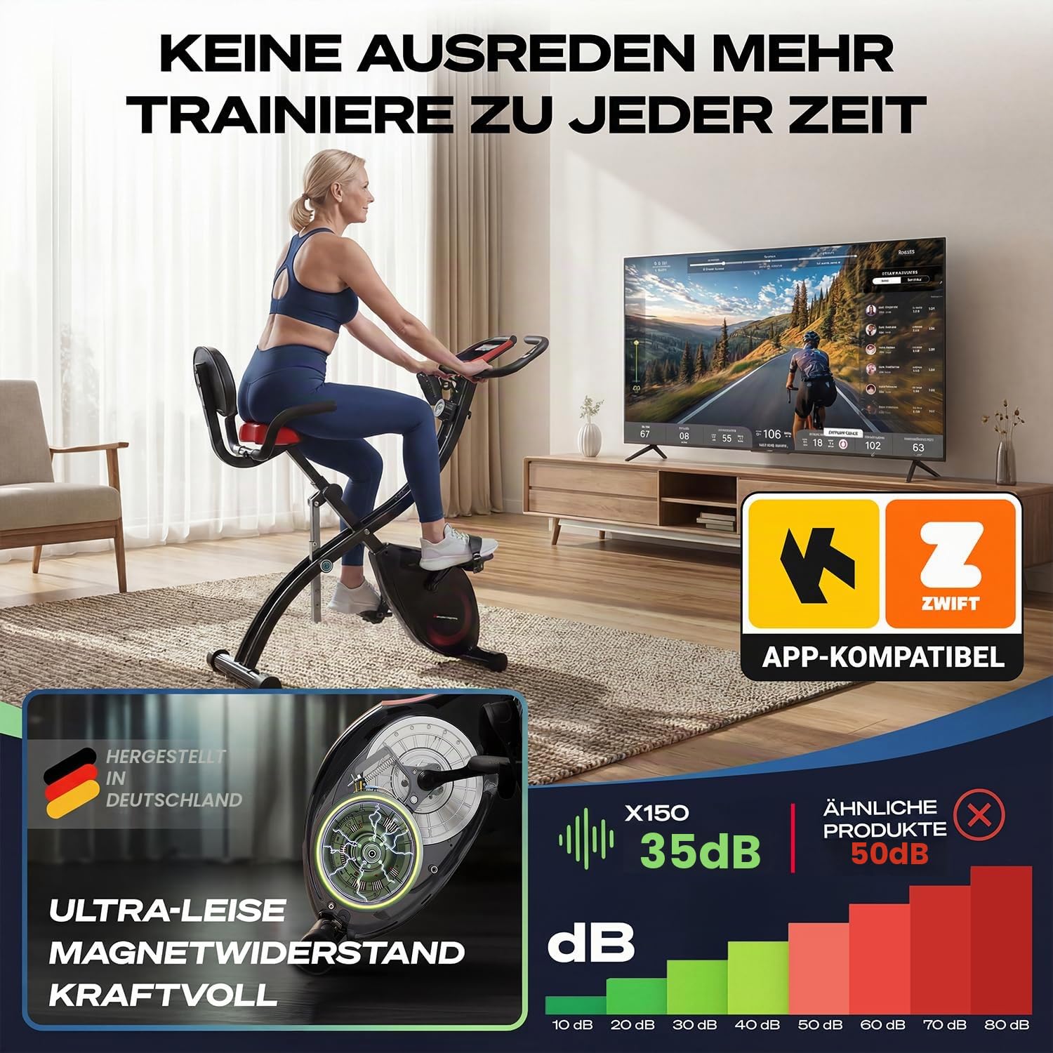Sportstech Heimtrainer fahrrad Klappbar 3in1, [CurvedX] tiefer Einstieg, bis 150 KG, Ergometer, Hometrainer fahrrad, Ergometer Heimtrainer Senioren, Fitnessbikes, fitnessgeräte für zuhause, X150