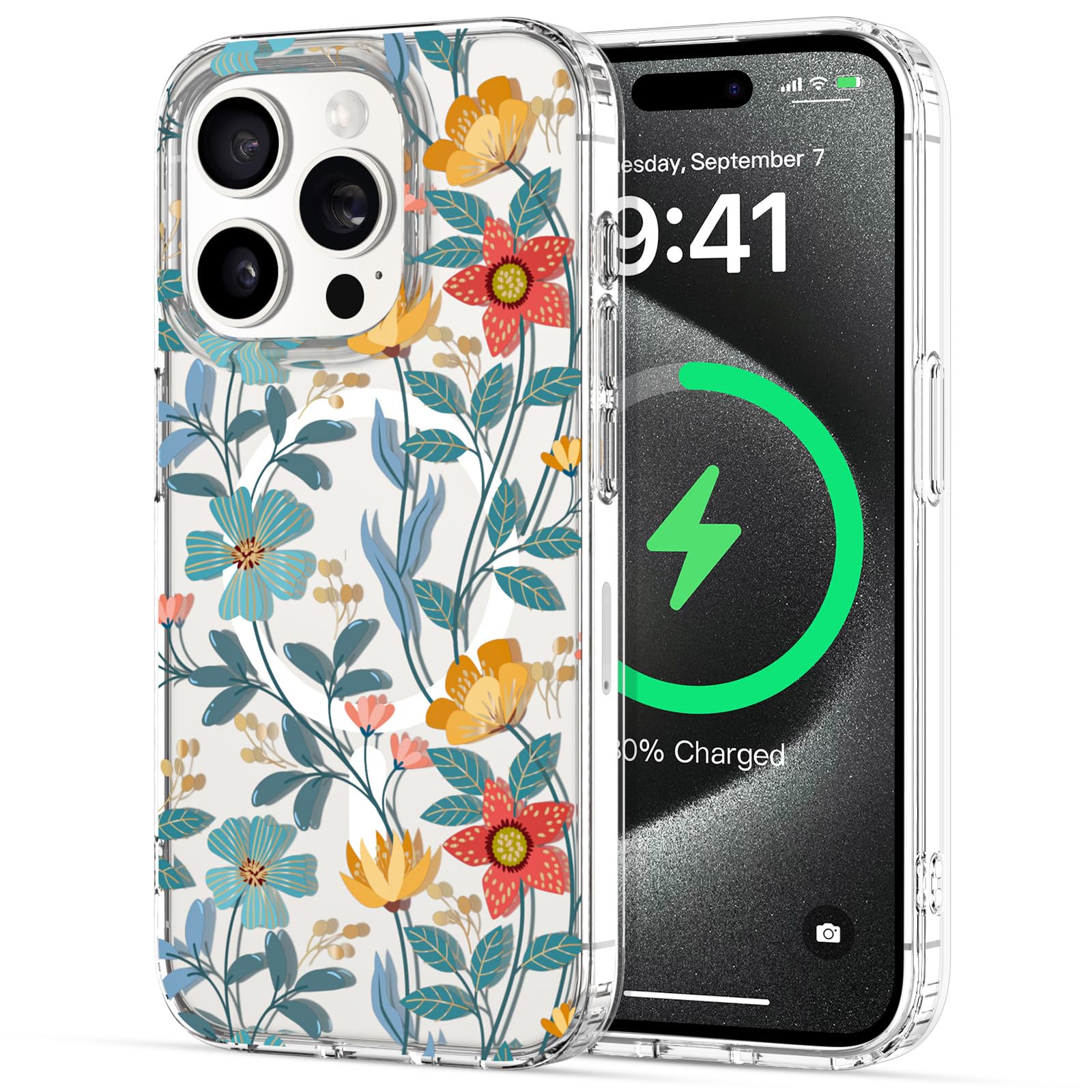 Jiunai Compatible with Magsafe iPhone 15 Pro Max Case Bloom Flower Pattern Anti Yellow Drop Protection Anti-Scratch Magnetic Cell Phone Case for