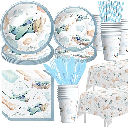 HIPVVILD Vajilla para decoración de fiesta de avión, suministros de fiesta de cumpleaños de avión, plato de papel, taza, servilleta, mantel,