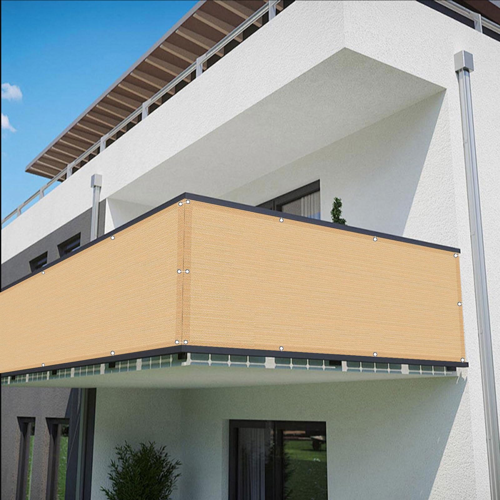 Osłona Ogrodzeniowa Balkonu 60 x 650 cm Wentylowana Siatkowa Osłona Przeciwsłoneczna Z Oczkami I Sznurkiem Na Balkon I Patio Ogrodowe, Kolor kremowy