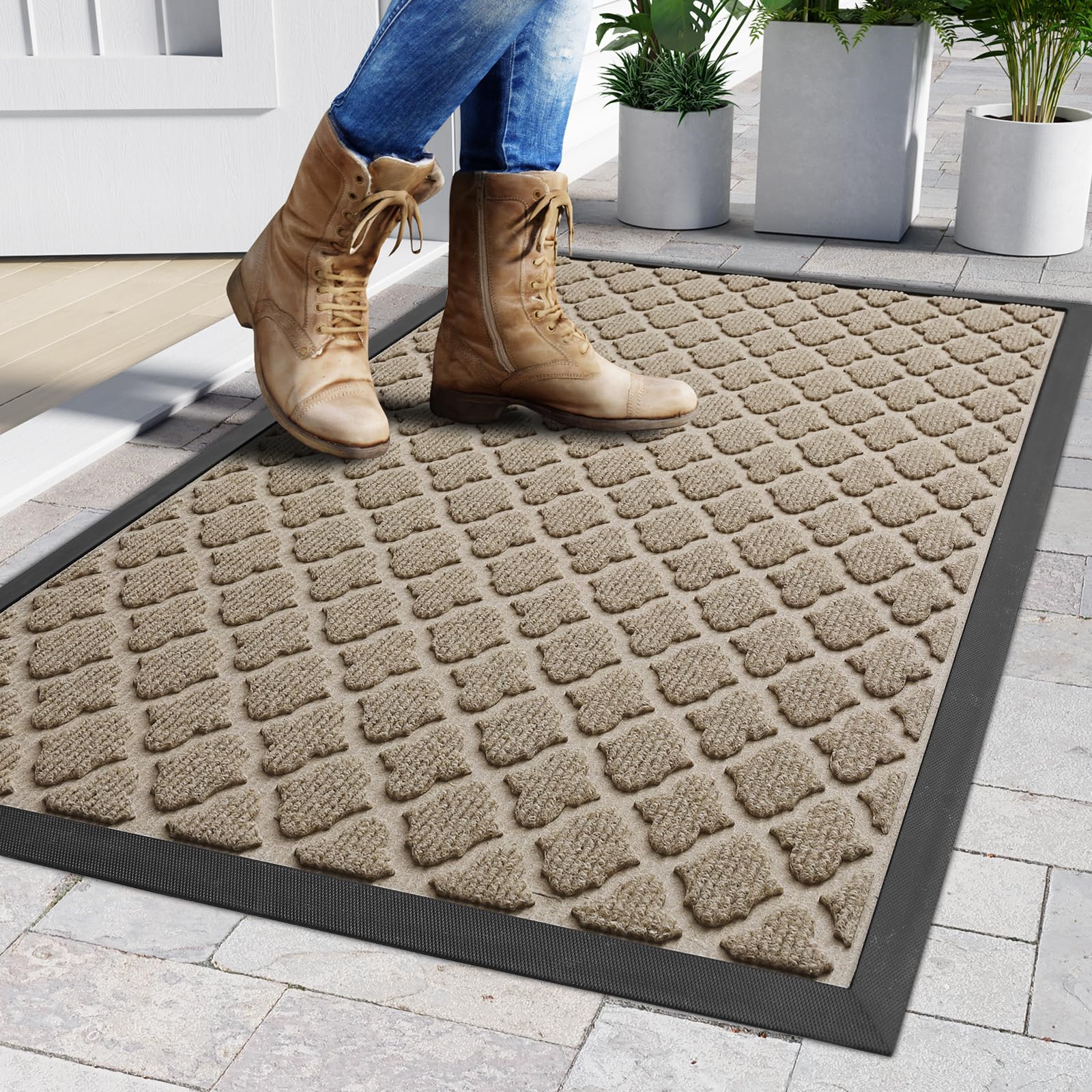 17"x29",DEXI Outdoor Mat Front Door Indoor Entrance Doormat,Small Heavy Duty Rubber Outside Floor Rug for Entryway Patio Waterproof Low-Profile,Beige