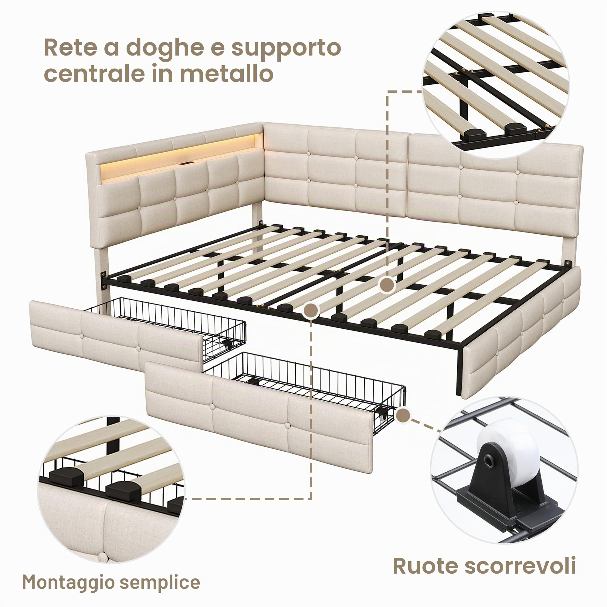 Divano Letto in Lino 140x190cm, Fresco Naturale,con 2 cassetti | Lino anticaldo, cassetti ruote, rete a doghe, presa UE+LED, beige,per adulti/ragazzi in camera/soggiorno. (Nessun materasso)