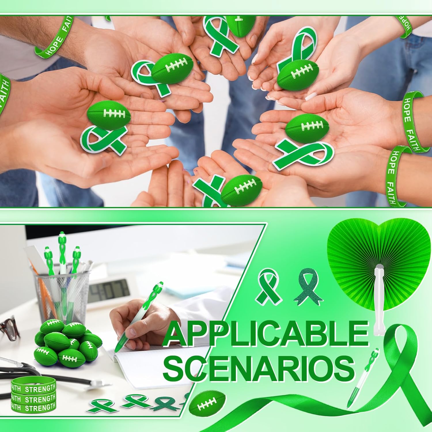 Wonderjune Mental Health Awareness Green Items Bulk Ribbon Stickers Stress Football Folding Fan Tattoo Sticker Silicone Bracelet for Charity Events Gifts Supplies