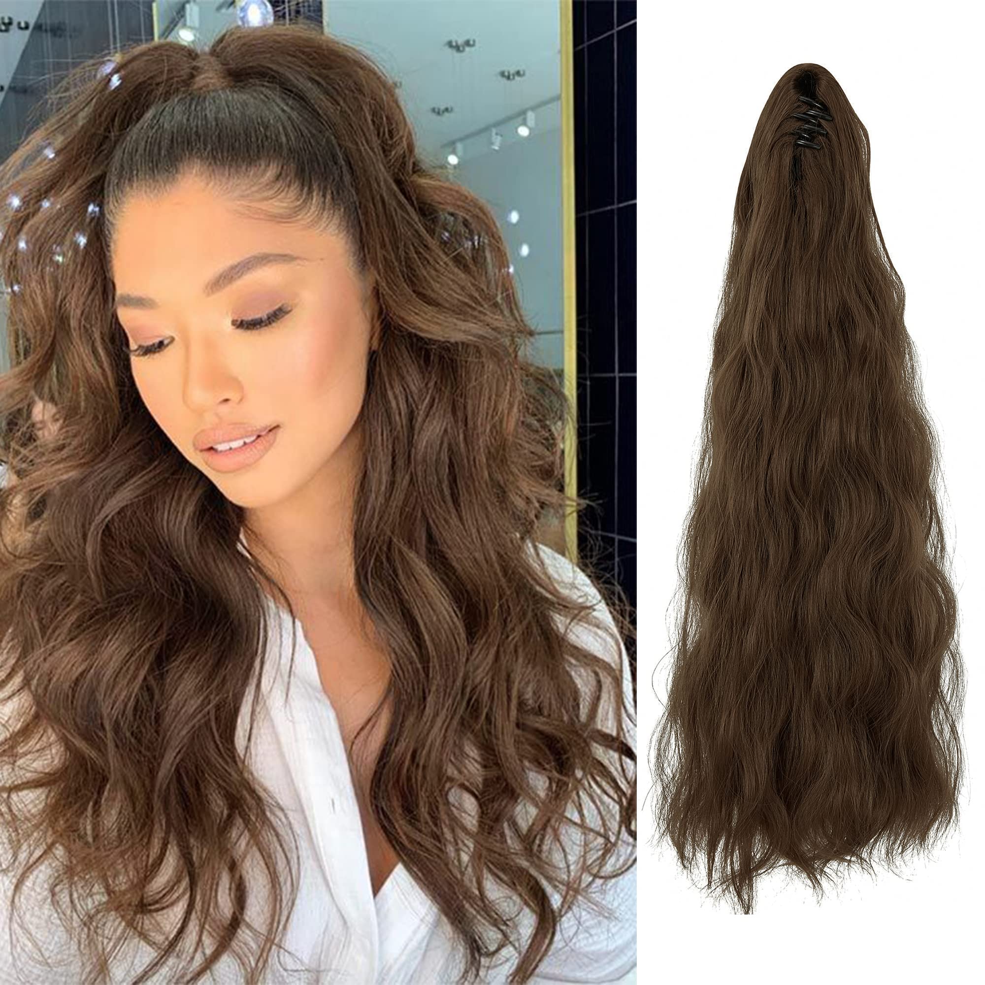 Mini Claw Ponytail Extension Clip 24" Long Wavy Hair Extension Jaw Clip Ponytail Hairpiece Light Chestnut Brown Ponytail Extension Long Synthetic Pony Tail for Women (12#, Light Chestnut Brown)