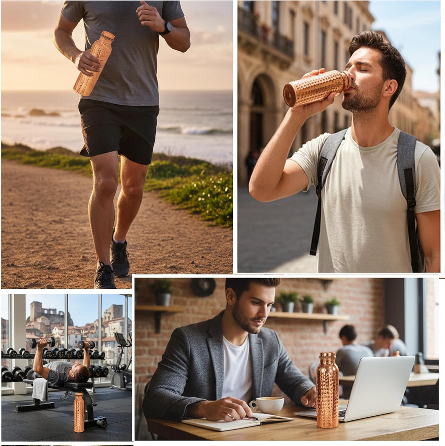 Pure Copper Water Bottle - Handcrafted - Ayurveda health benefits - Large 35 oz - Leak proof, Easy to carry for Sports, Fitness, Yoga, School - Natural Hammered Beaten Copper Finish - Image 2