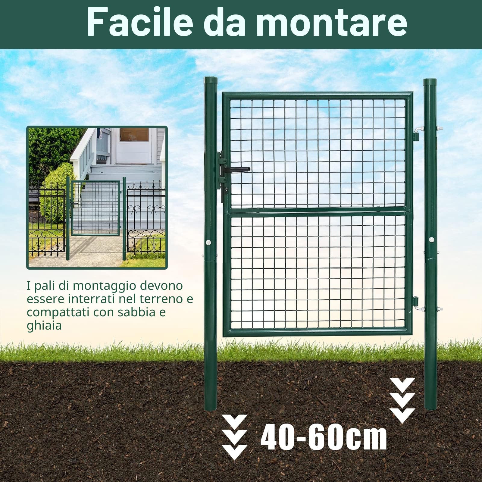 Daromigo Cancello da giardino, 150 x 100 cm, robusto, in acciaio zincato, per recinzione da giardino, con manico, serratura e 3 chiavi, colore: verde