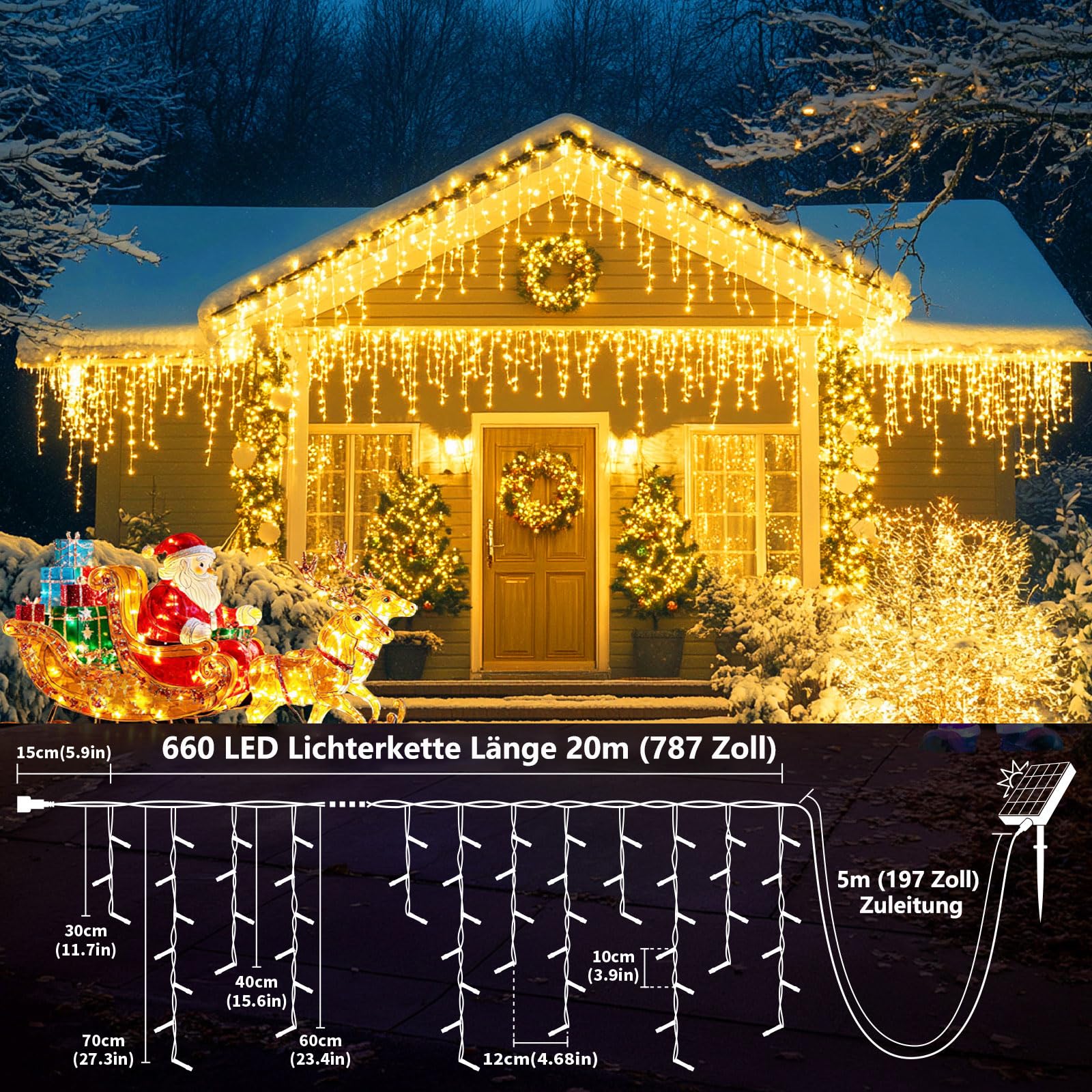 Solar Eisregen Lichterkette,Solarenergie und Wiederaufladbar,20m +5m 660 LED IP65 Wasserdicht, Mit 8 Modi & Timer und Speicher Weihnachtsbeleuchtung Außen für Balkon Fenster Haus Geländer (Warm-Color)