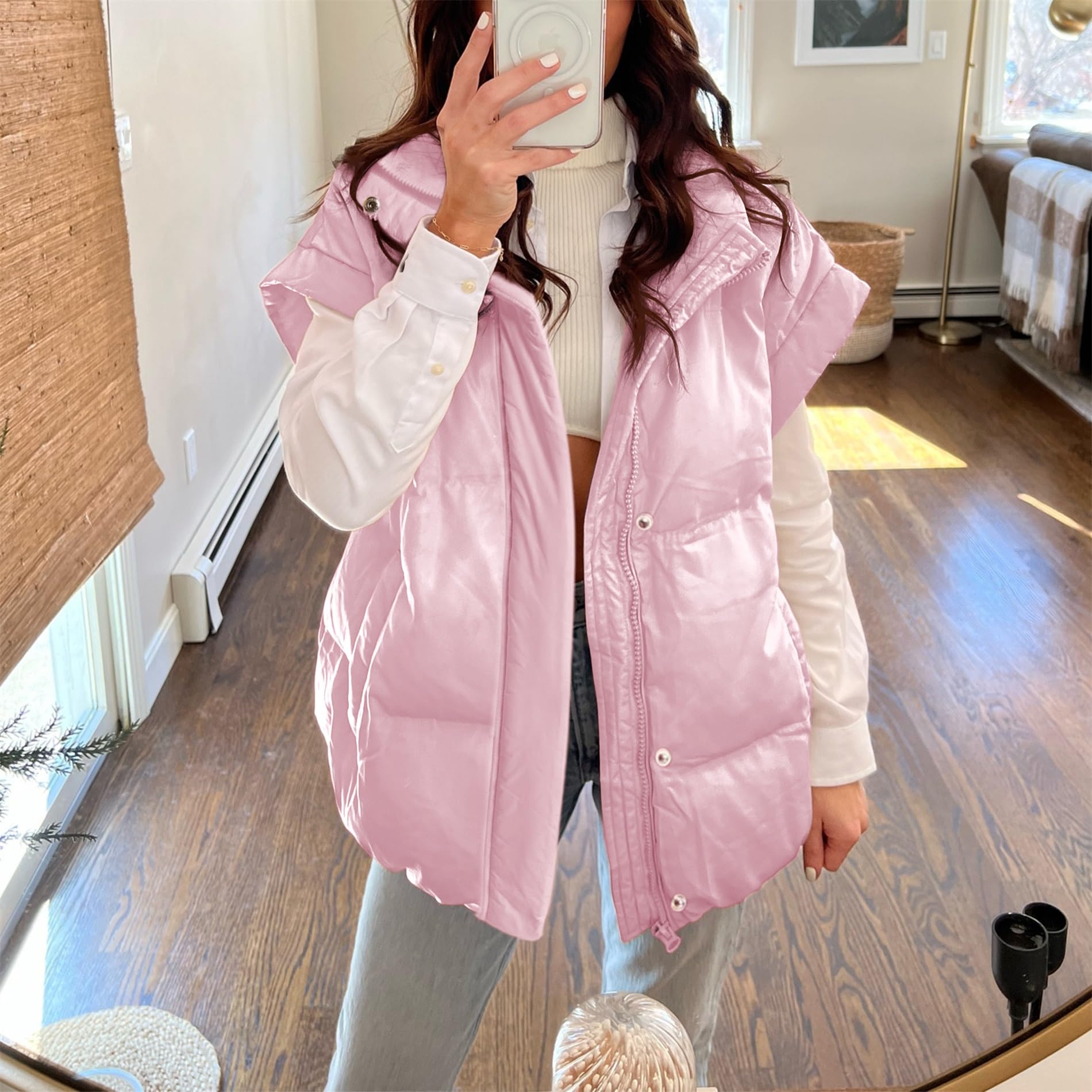 Songling Womens Oversized Puffer Vest Stand Collar Full Zip Sleeveless Bubble Puffer Vest Quilted Padded Warm Coat Outwear: X-Small Pink