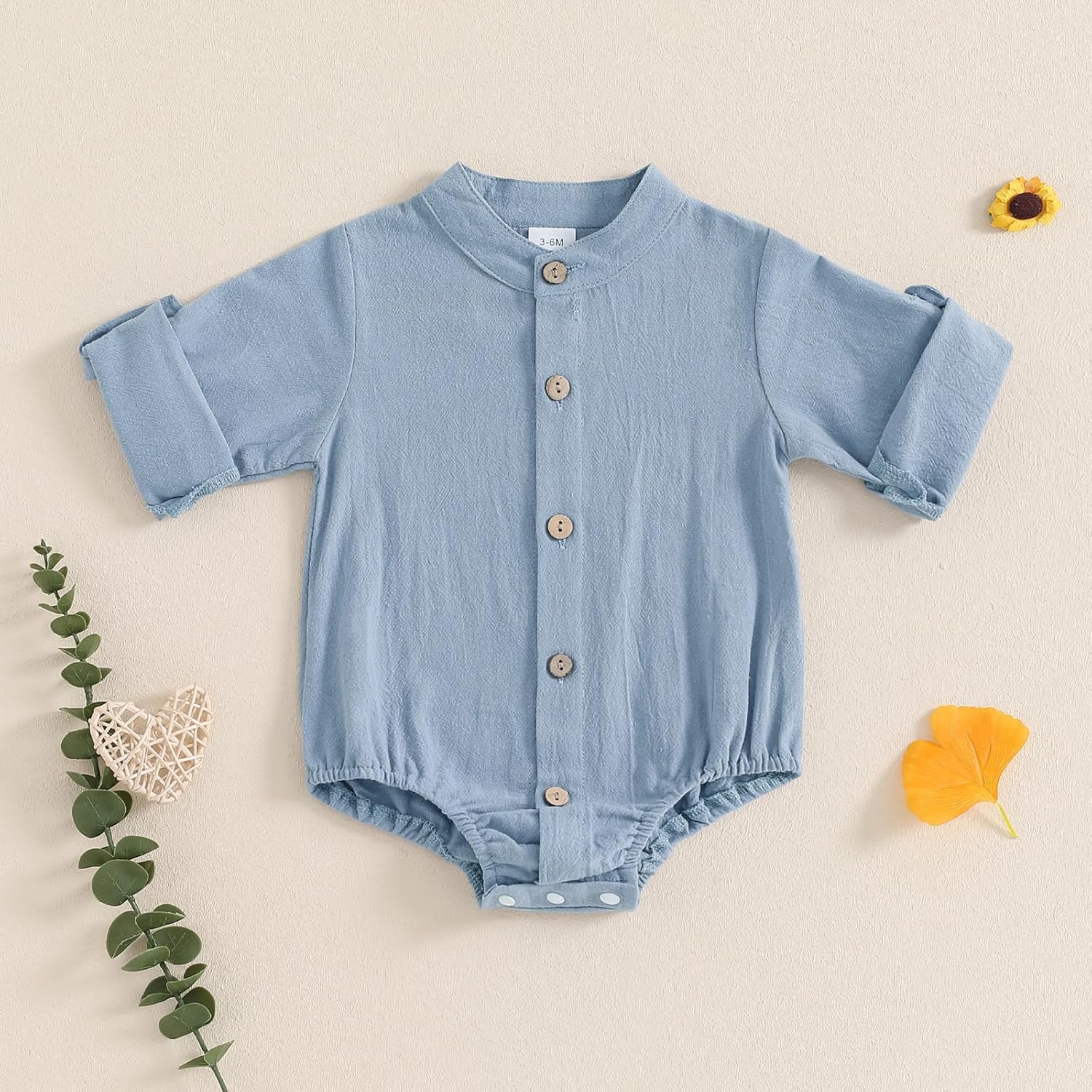 Karuedoo Newborn Baby Boy Clothes Cotton Linen Shirt Bodysuit Button Up Roll Up Long Sleeve Romper Jumpsuit One-Piece Outfit - Image 2