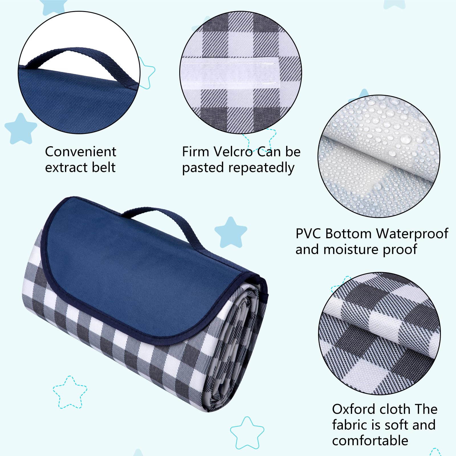Eucomir Coperta da Picnic Portatile 200 x 200 CM, Impermeabile Pieghevole con Manico ,Unisex,per Outdoor Giardino Campeggio,Blu Tibetano