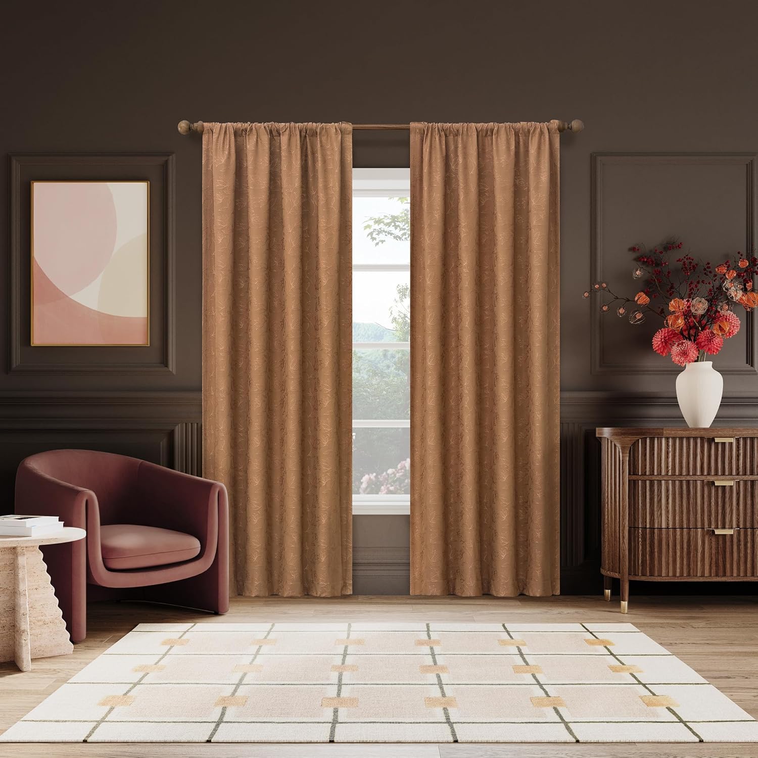 Sun Zero Beverly Floral Jacquard 100% Total Blackout Rod Pocket Curtain Panel, Terracotta, 50" W x 84" L (1 Panel)