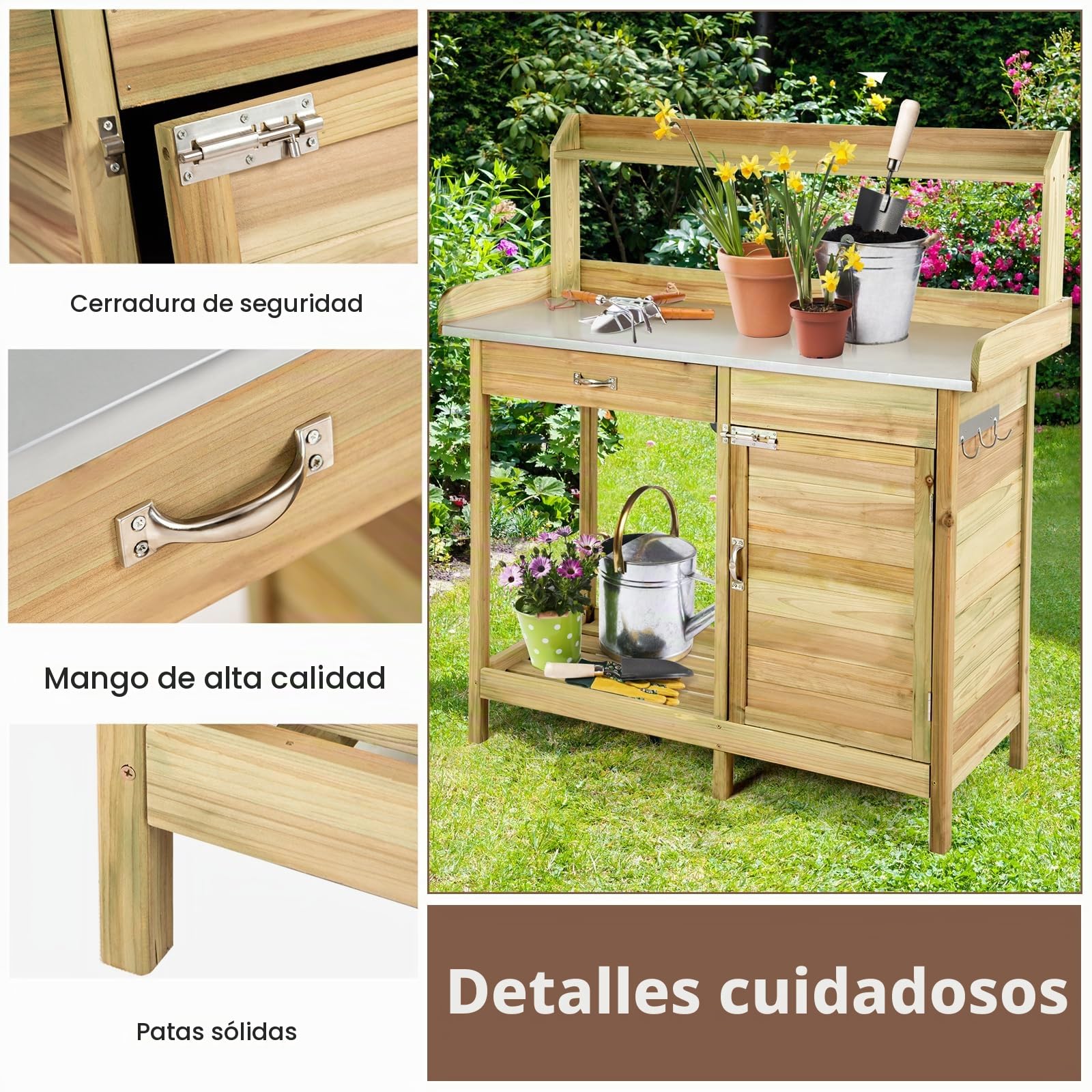 HOMASIS Mesa de Jardín de Madera para Plantas, Banco de Trabajo con Cajón, Armario y Tapa de Metal, Muebles de Exterior para Jardinería de Balcón, Patio, Terraza, 112 x 46 x 125cm, Natural