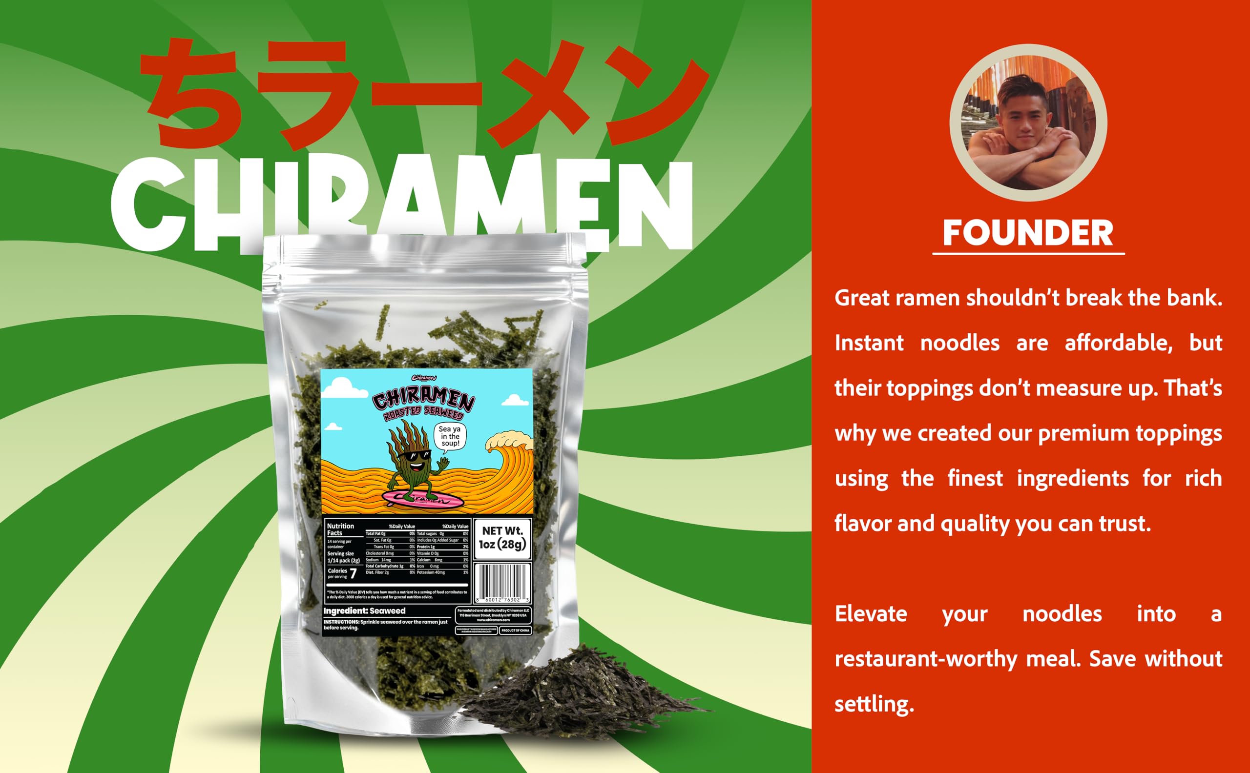 CHIRAMEN Roasted Seaweed Ramen Toppings – Dried Nori Seaweed Flakes for Ramen, Cup Noodles, Miso Soup, Rice Bowls & Instant Noodle Meals – Easy Umami Garnish for Asian Dishes