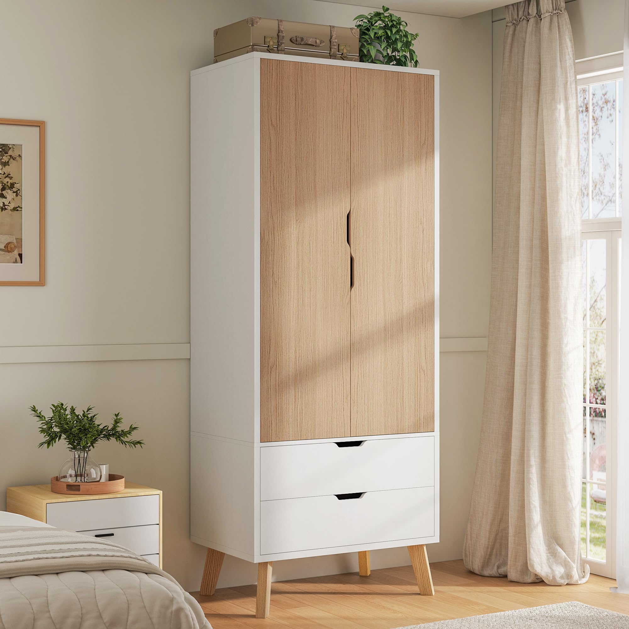 LUXOAK Armario Ropero para Dormitorio con 2 Puertas y 2 Cajones, Blanco y Efecto Madera, con Barra para Colgar, 198 x 76 x 50 cm