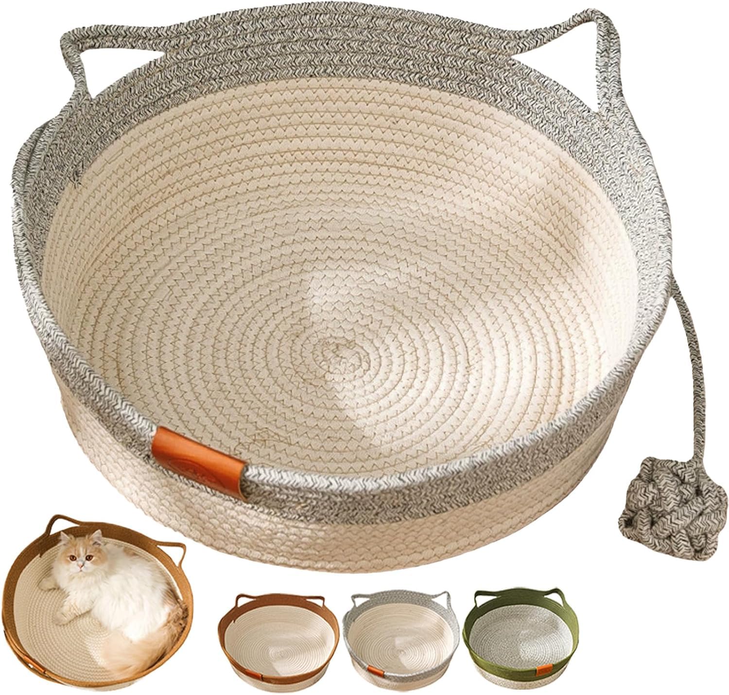 Woven Cat Bed with Scratching Sides & Hanging Rope Ball, Washable Linen Round Cat Basket with Handles for Indoor Cats & Small Dogs, 35/42/48 cm, Brown/Grey/Green (Grey, 35)