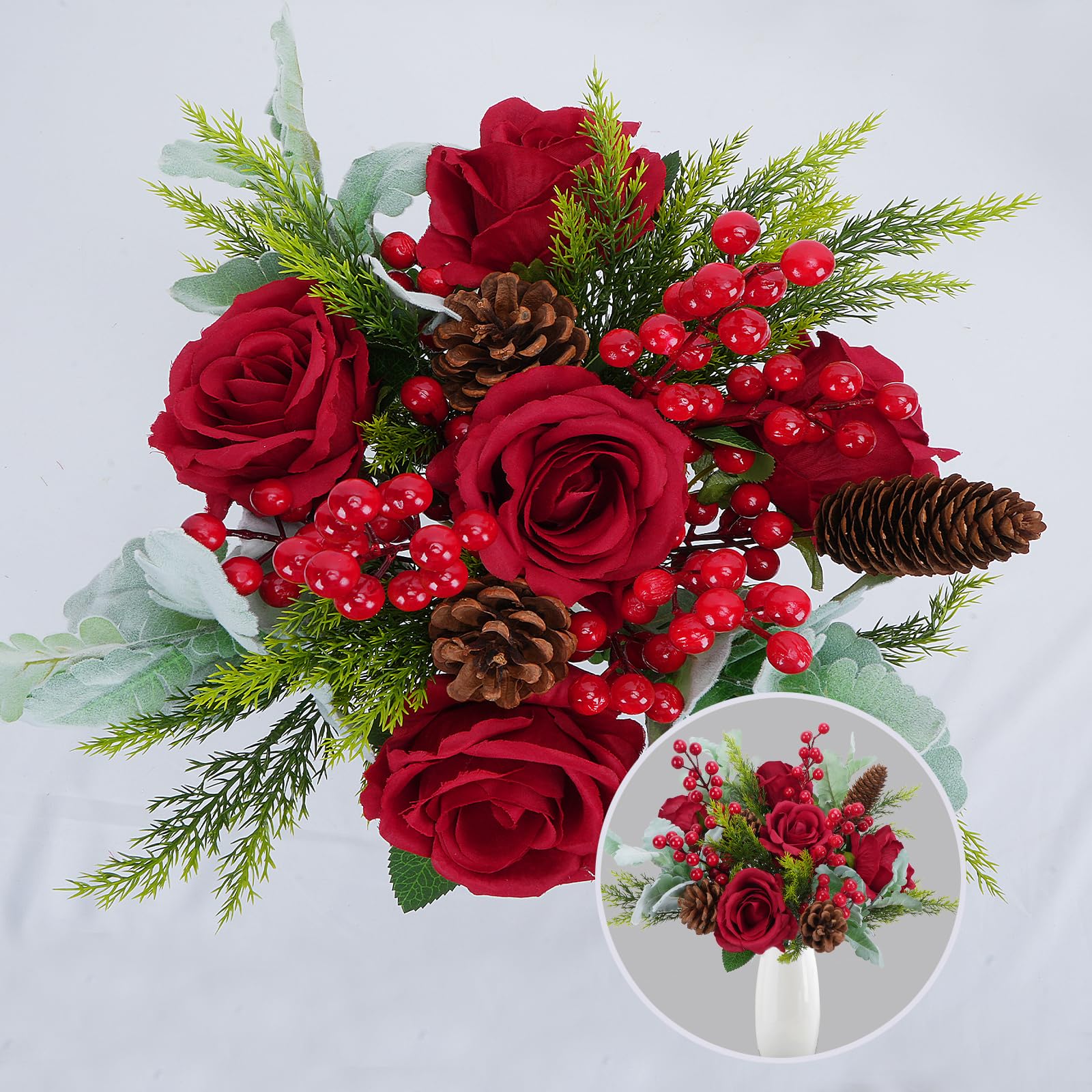 18 künstliche Weihnachtsblumen, Blumenstrauß, gemischter Blumenstrauß, künstliche Tannenzweige, Beerenstiele, Tannenzapfen, rote künstliche Blumen für Weihnachten, Winter, Zuhause, Tischvase,