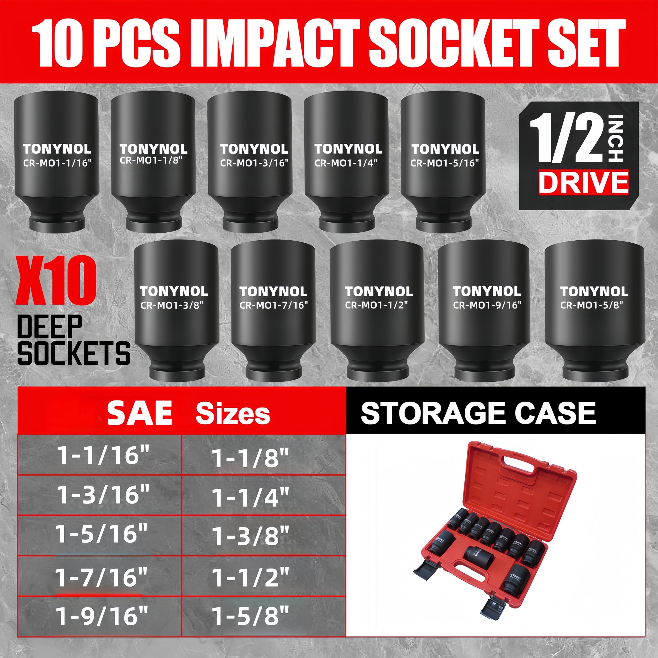 TONYNOL 1/2 Inch Drive Deep Impact Socket Set,10 PCS,6-Point,SAE Size(1-1/16