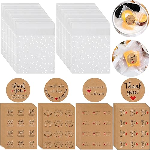 Zonon 200 bolsas transparentes para galletas, bolsas autoadhesivas de celofán, diseño de lunares blancos, caramelos esmerilados, 240 calcomanías de