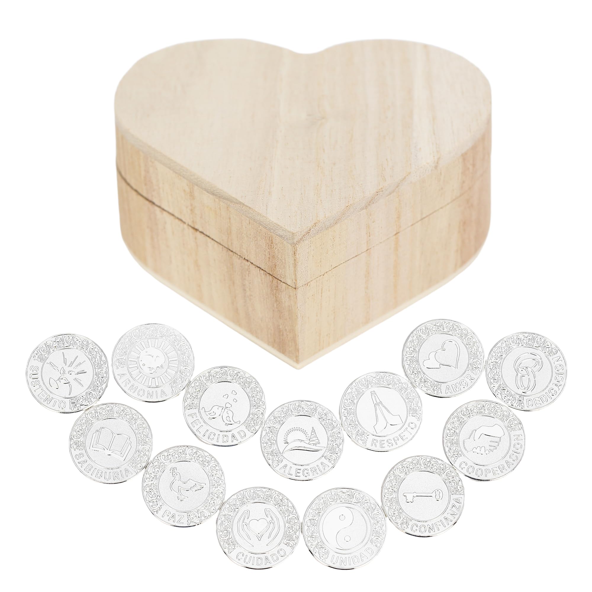 TINGKU Arras de Boda Catolica Set de monedas de boda - 13 monedas de unidad de plata para la ceremonia de boda católica, elegantes Recuerdos Para Boda con caja de madera en forma de corazón
