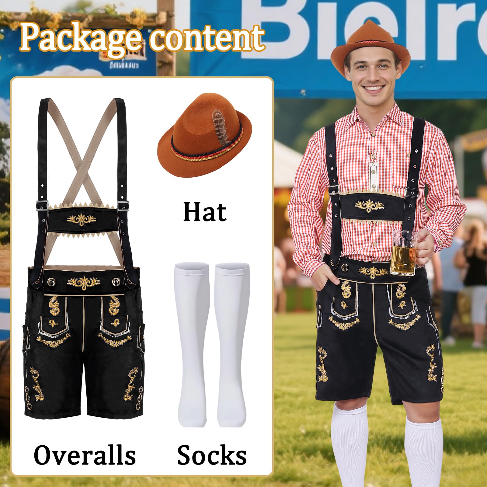 Raveparty Oktoberfest Herren Outfit, Lederhose Herren Tracht Set, Deutsch Bayern Oktoberfest Kostüm Set mit Abnehmbarem Lätzchenträger, Kniesocken und Bayerischen Filzhüte (Style A, M)