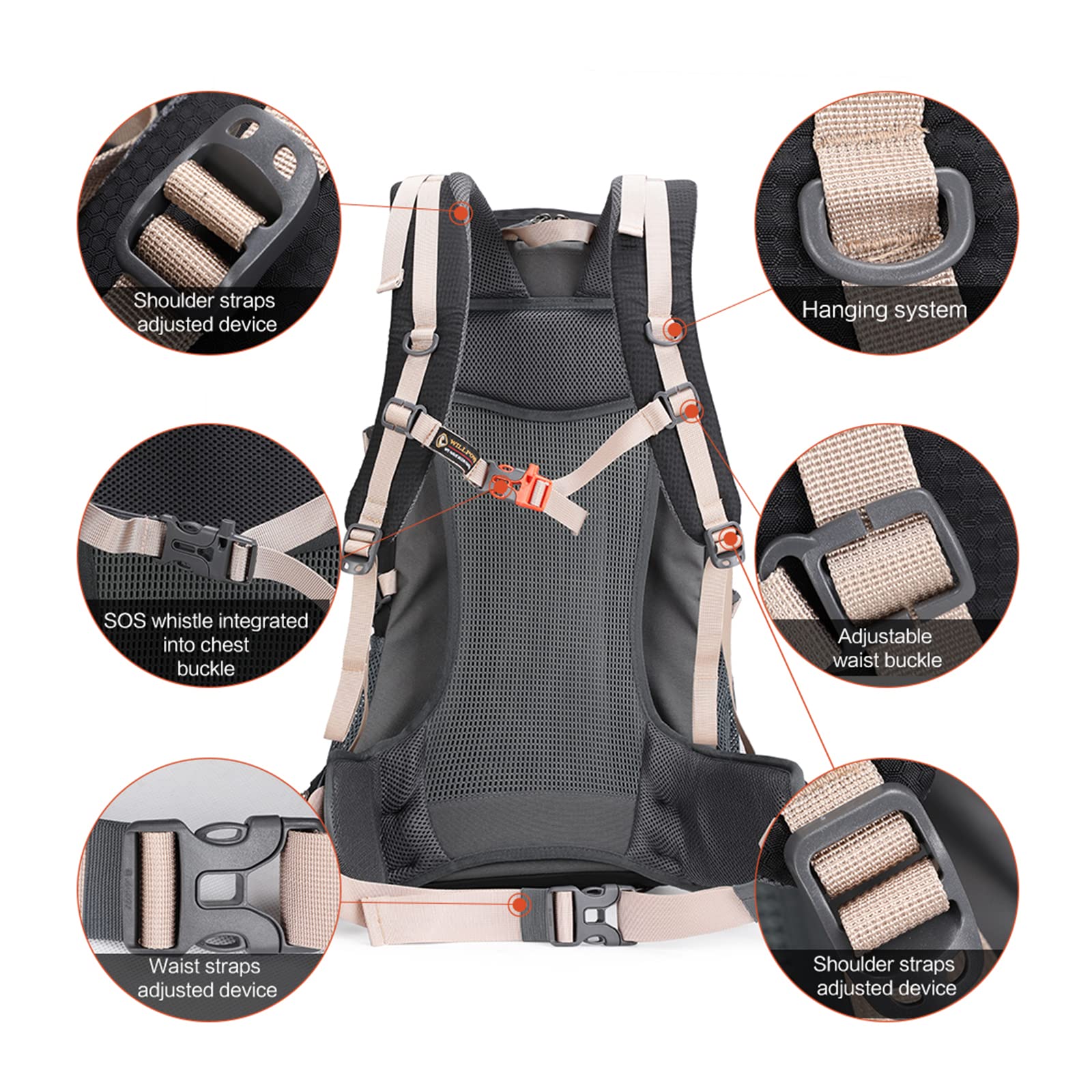 Aoking,Rucksack zum Wandern/Klettern,40L_YJN79807,50L_YJN67363,Standardelemente: abnehmbares Airflow-Mesh-Board,wasserdicht,SOS-Pfeife,Regenschutz,Optionen: Wasserblase 2 Liter,Schlafsäcke