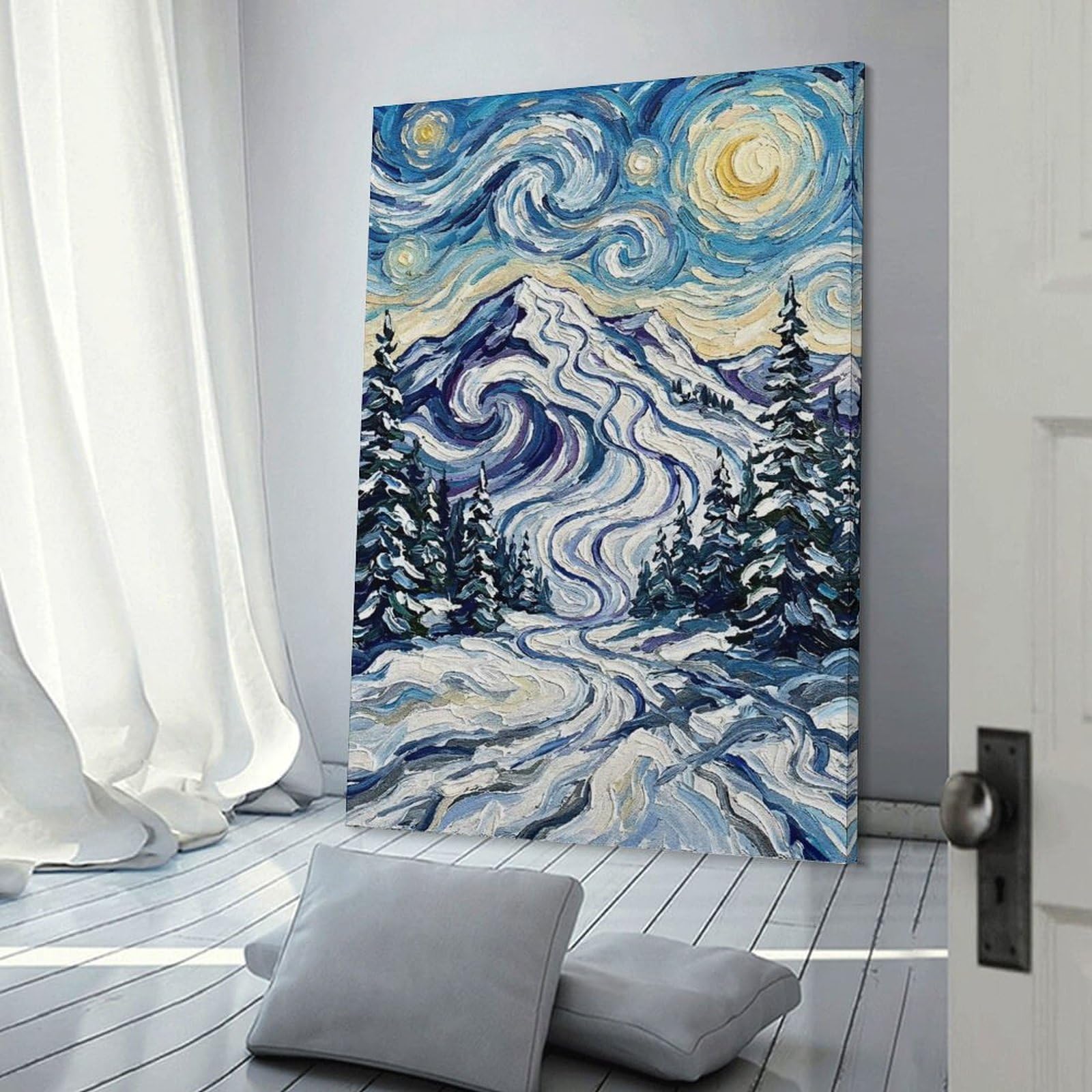 Junmoney Frame-Style-9 Starry Night Winter Mountain Landscape Painting Wall Picture Print, 20X30inch(50X75cm), For Art Walls, Layered Displays Or Homes, Home Wall Art For Statement Displays