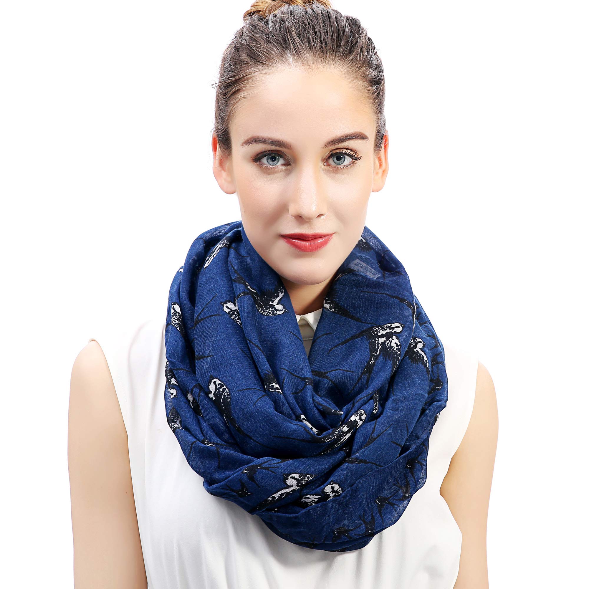 Lina & Lily Women's Navy Blue Swallow Bird Print Lightweight Snood Scarf (Navy Blue)