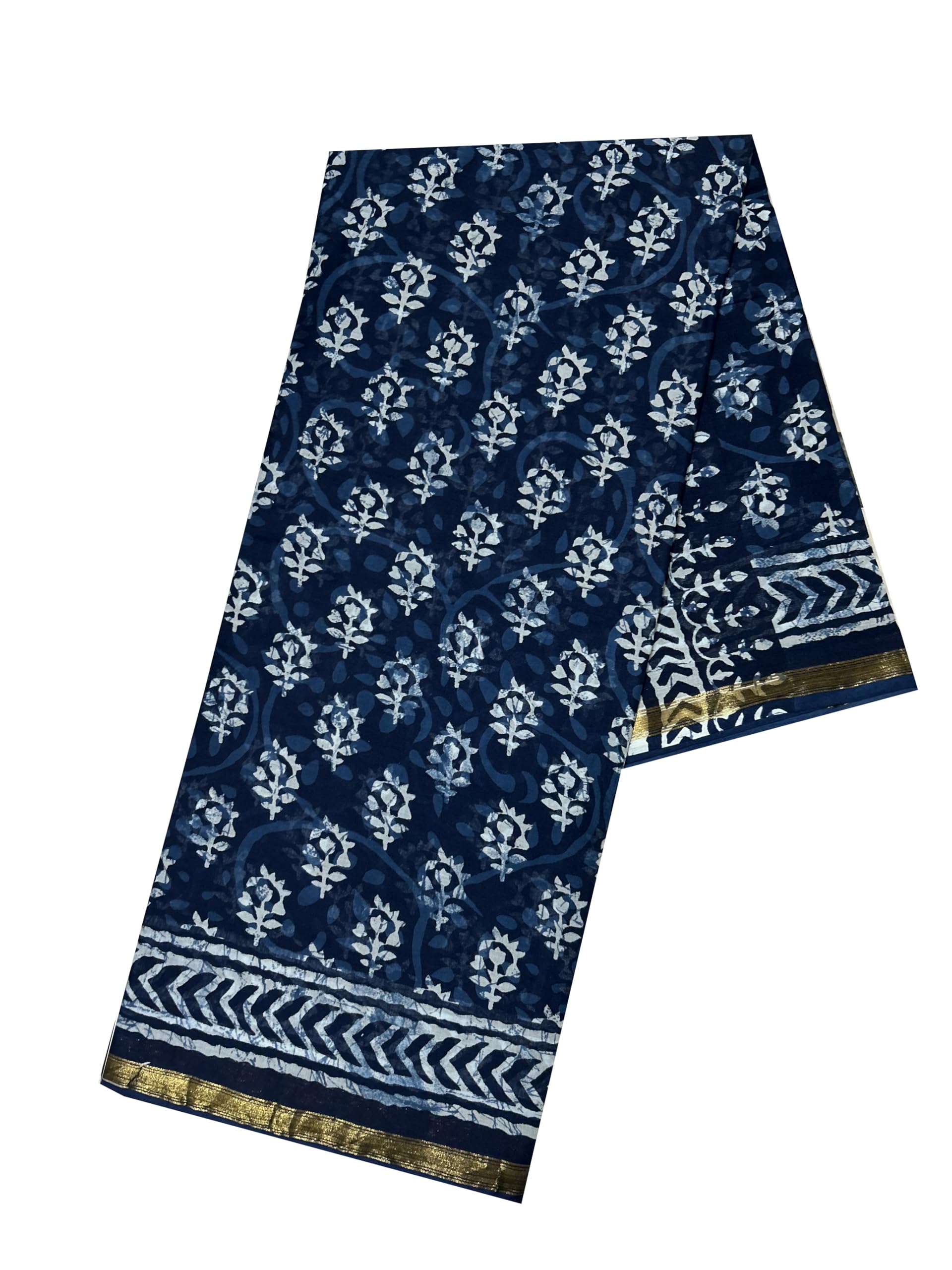 Women's Cotton Mulmul Zari Less Hand Block Printed Jaipuri Saree With Blouse Piece Indigo-image-20