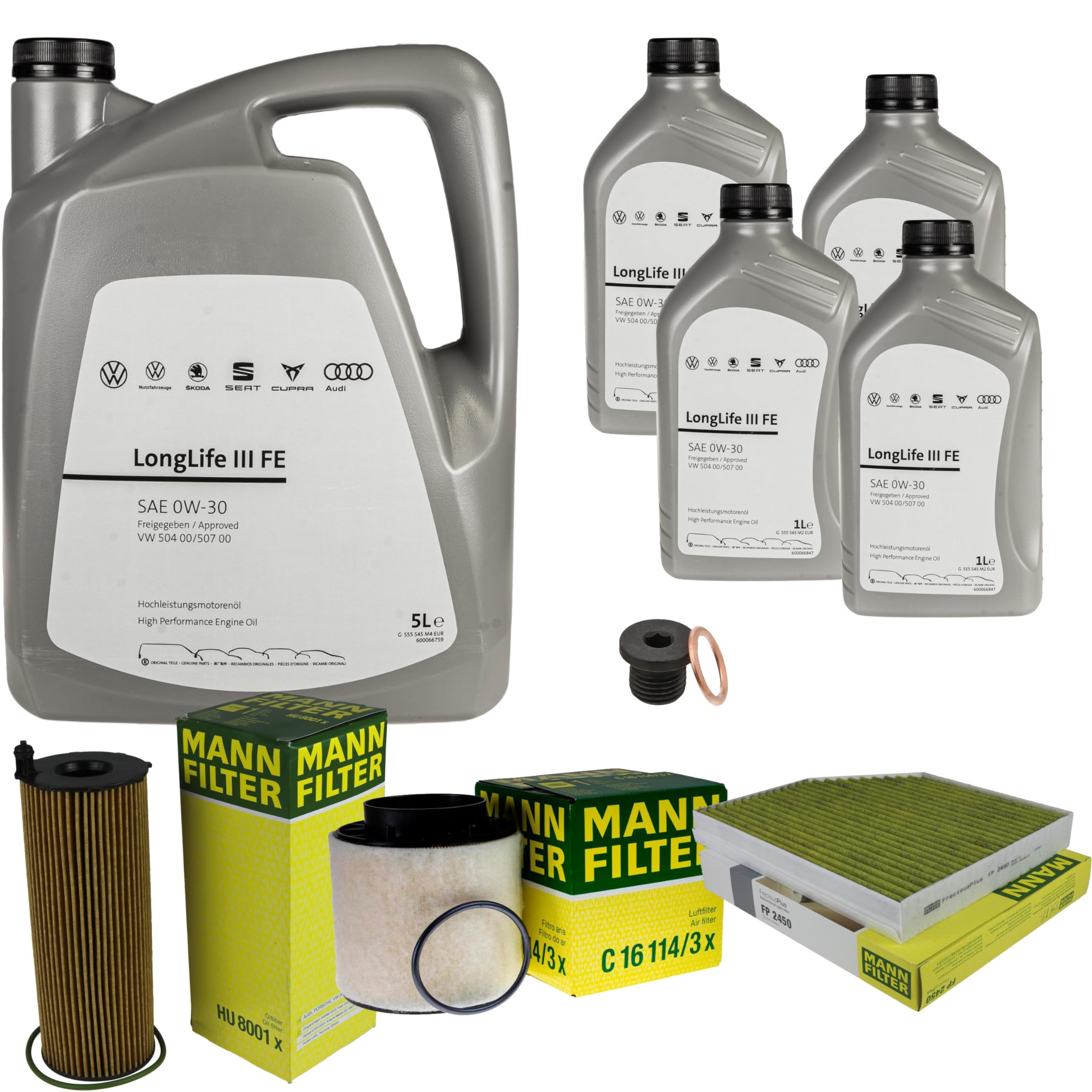 Pacchetto di ispezione pacchetto di manutenzione filtro con 9 L 0W-30 olio motore LongLife 3 FE, filtro dell'olio, filtro dell'aria abitacolo (carbone attivo) vite di scarico dell'olio