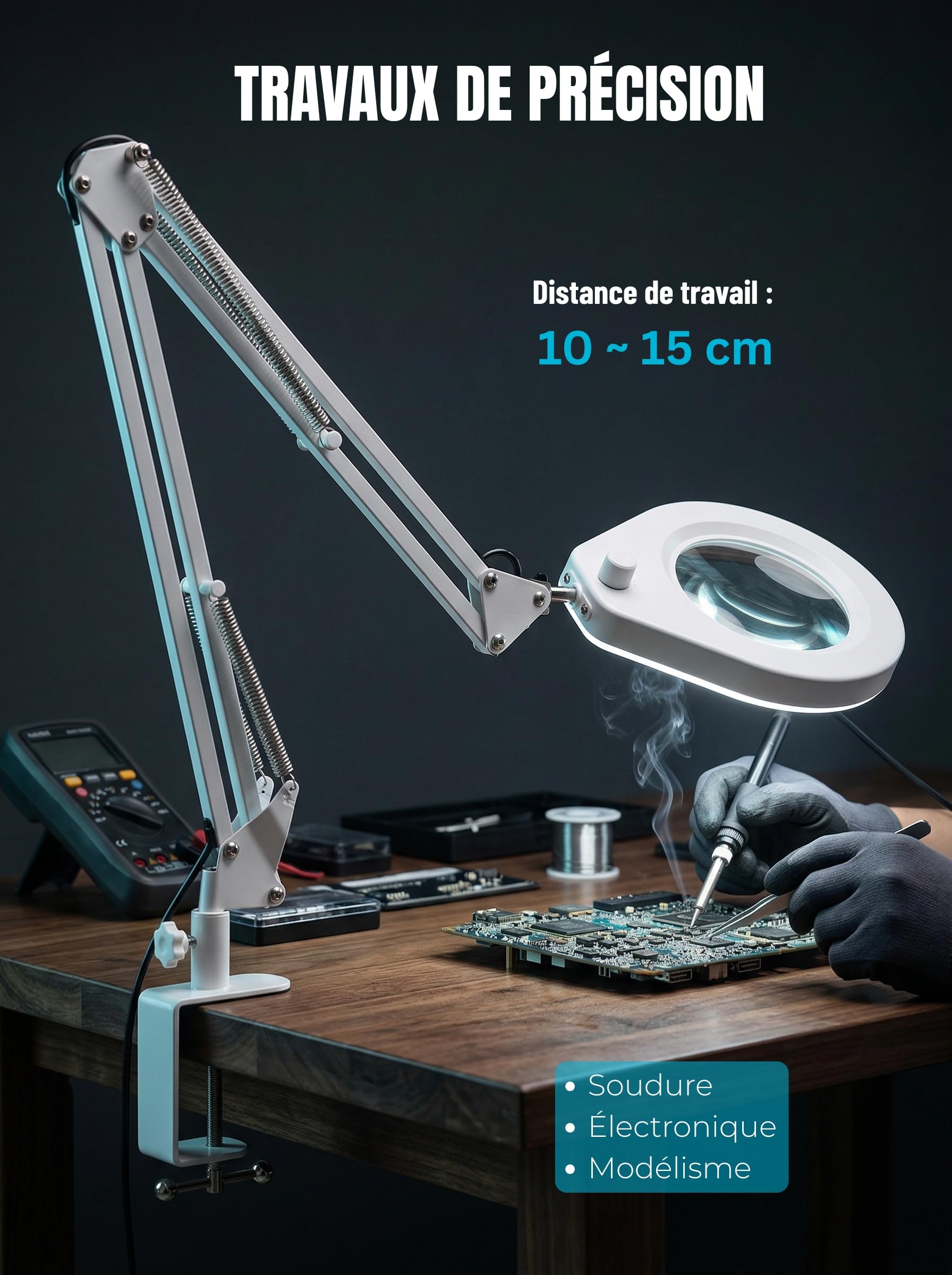 Lampe Loupe LED avec Pince & Bras Articulé – 5 Dioptries, Dimmable