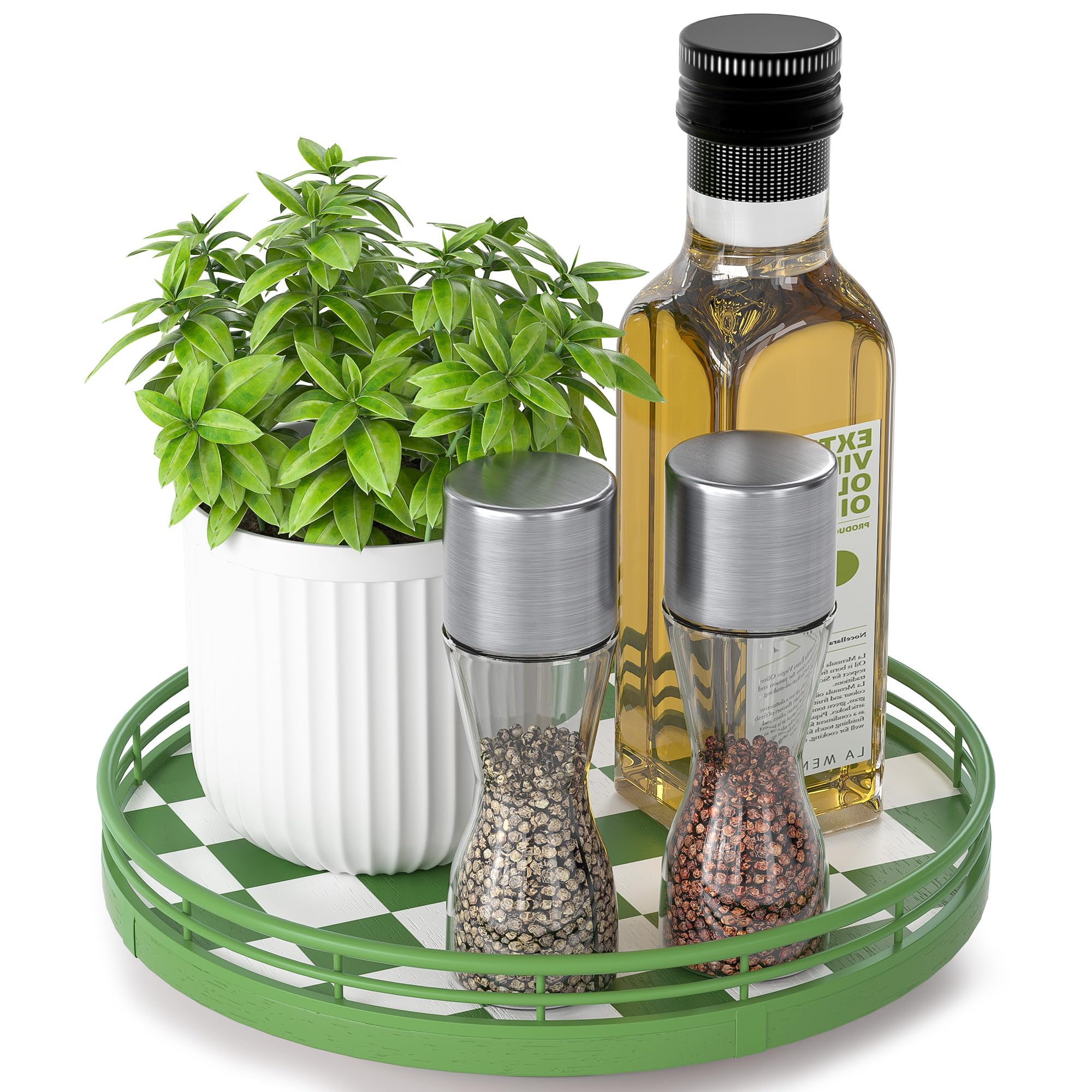 Green and White Checkerboard Lazy Susan with Rubberwood Base and Metal Rail