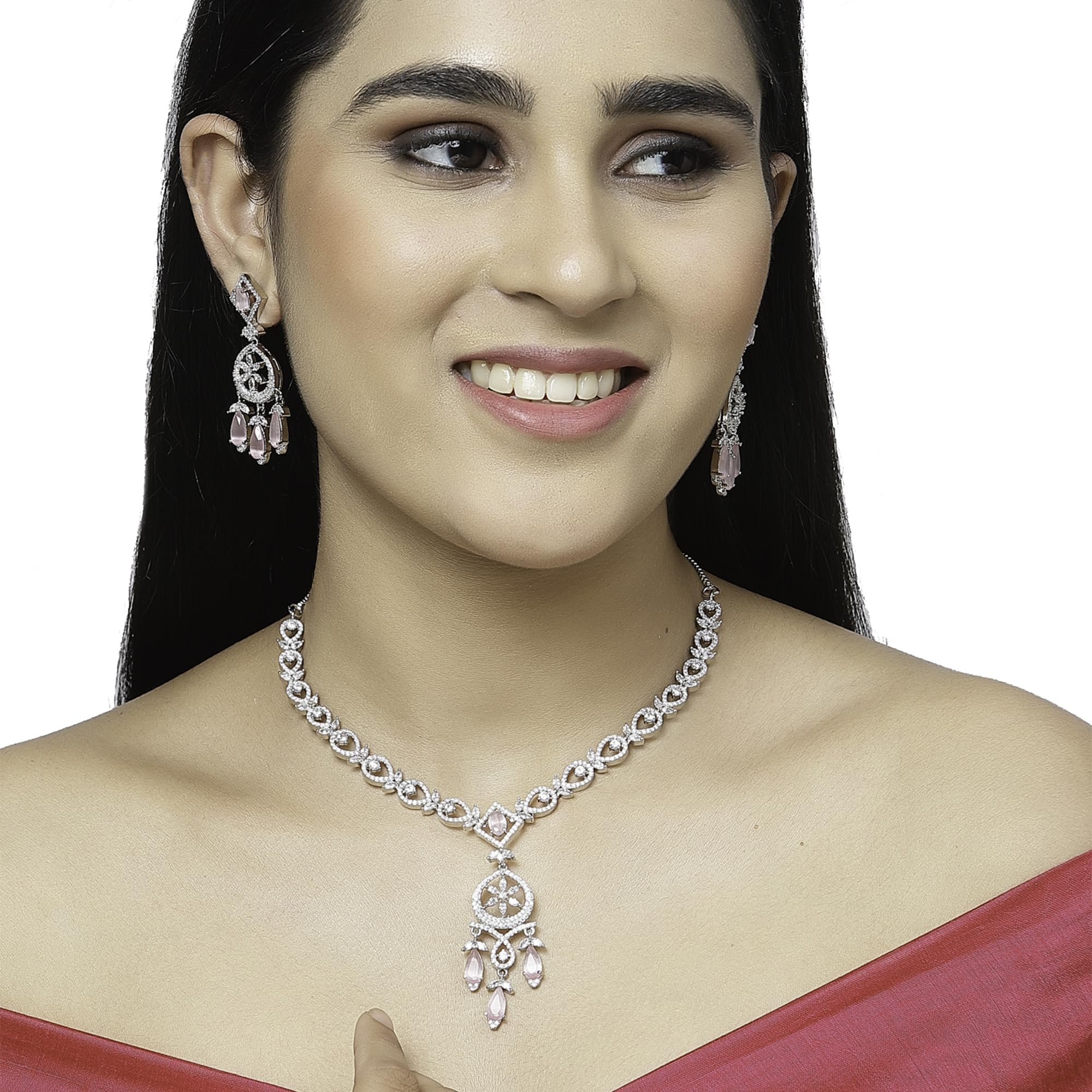 Rhodium-Plated Teardrops American Diamonds Necklace Set