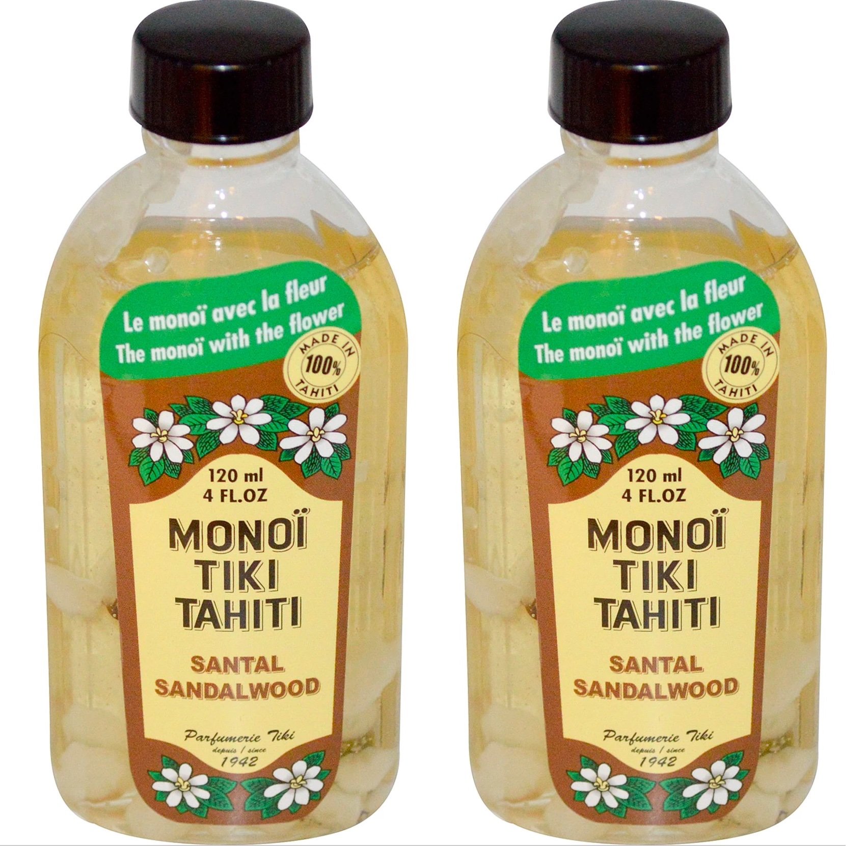 Monoi Tiki Tahiti Sandalwood Coconut Oil (Pack of 2), Scented With Fresh Handpicked Tiare Flowers, 100% Made in Tahiti, 4 fl. oz.