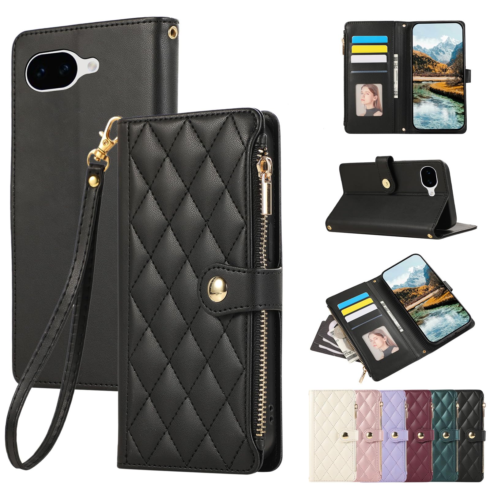 Google Pixel 10a 用 ケース 手帳型 財布型 カバー グーグルピクセル10a ケース 手帳型 おしゃれ ファスナー型 小銭入れ カード収納 携帯カバー Googleピクセル10A に適用 手帳型ケース 刺繍 高級PUレザー 肌触り良い Pixel10aスマホケース マグネット式開閉式 スタンド機能 全面保護(ブラック)