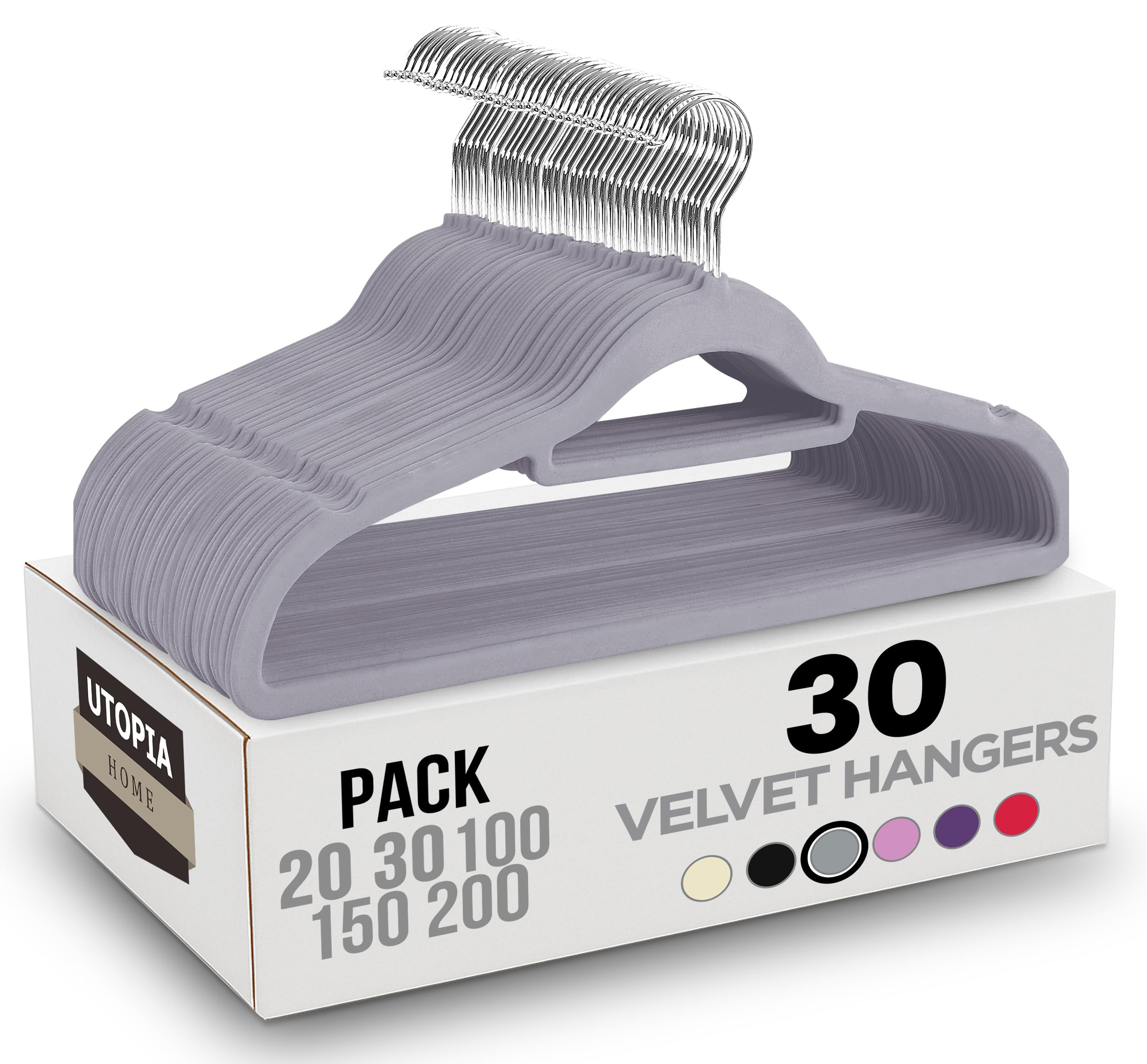Utopia Home Pack of 30 Velvet Suit Hangers with Tie Bar - Heavy Duty Non-Slip Premium Hangers for Adult Clothes - 360 Degree Swivel Hook, Grey