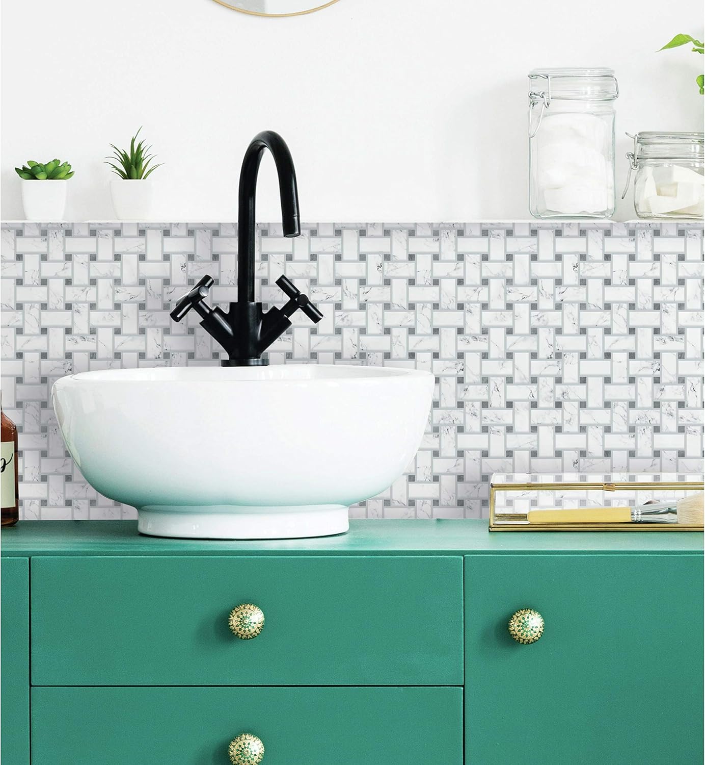 RoomMates TIL4572FLT StickTiles Gray Basketweave Carrara Marble Peel and Stick Tile Backsplash