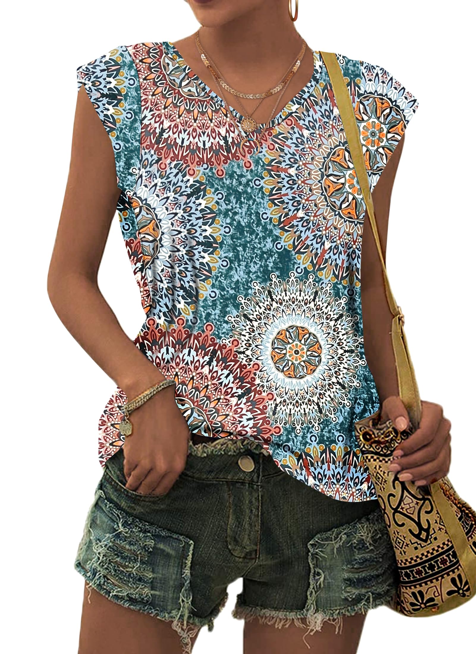 PLMOKEN T-Shirt Sommer Tank Top Damen - Ärmelloses Blusenshirt V Ausschnitt Blusen Shirts Oberteile Offset Bedrucktes Top