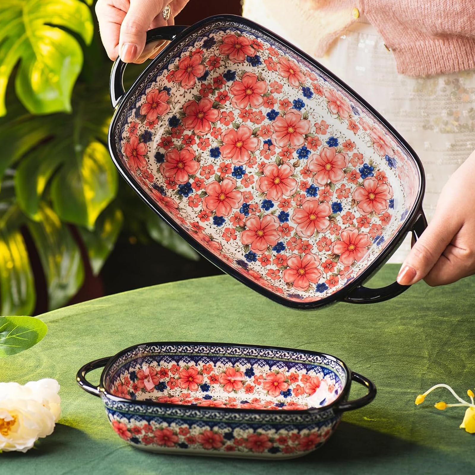 Juego de 2 utensilios de porcelana para hornear, platos rectangulares para hornear, sartén para lasaña para cocinar, cocina, cazuela, cena de pasteles, banquetes y uso diario. (D)